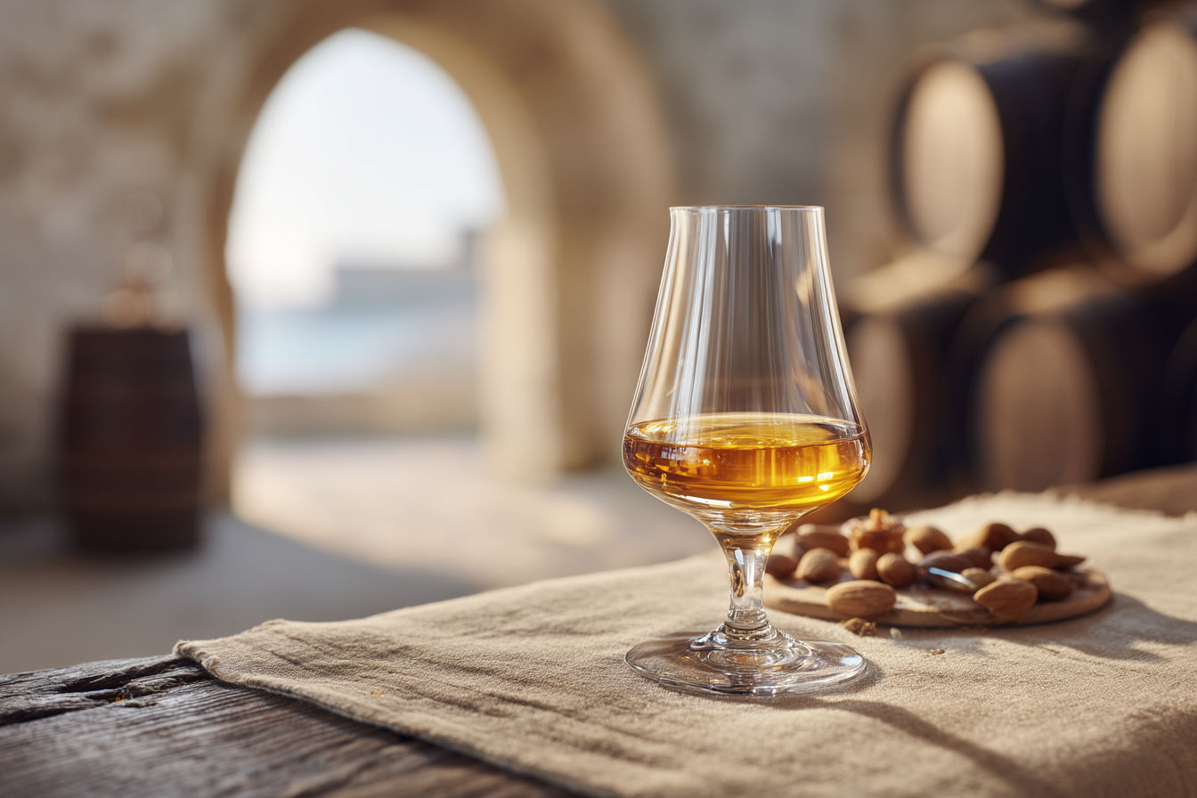 A professional studio photograph of a sherry wine scene, featuring a crystal tulip-shaped glass filled with golden Fino sherry, placed on a rustic oak table. Surround it with Spanish tapas—olives, jamón, and almonds—arranged artfully. In the soft background, blur a Jerez bodega setting with stacked solera barrels and chalky albariza soil visible through an arched window. Use warm, natural lighting with subtle Atlantic coastal hues, creating a crisp, high-resolution image with rich textures and a sophisticated, inviting mood. Shallow depth of field, f/2.8, Canon EOS R5 aesthetic, hyper-detailed, cinematic composition.