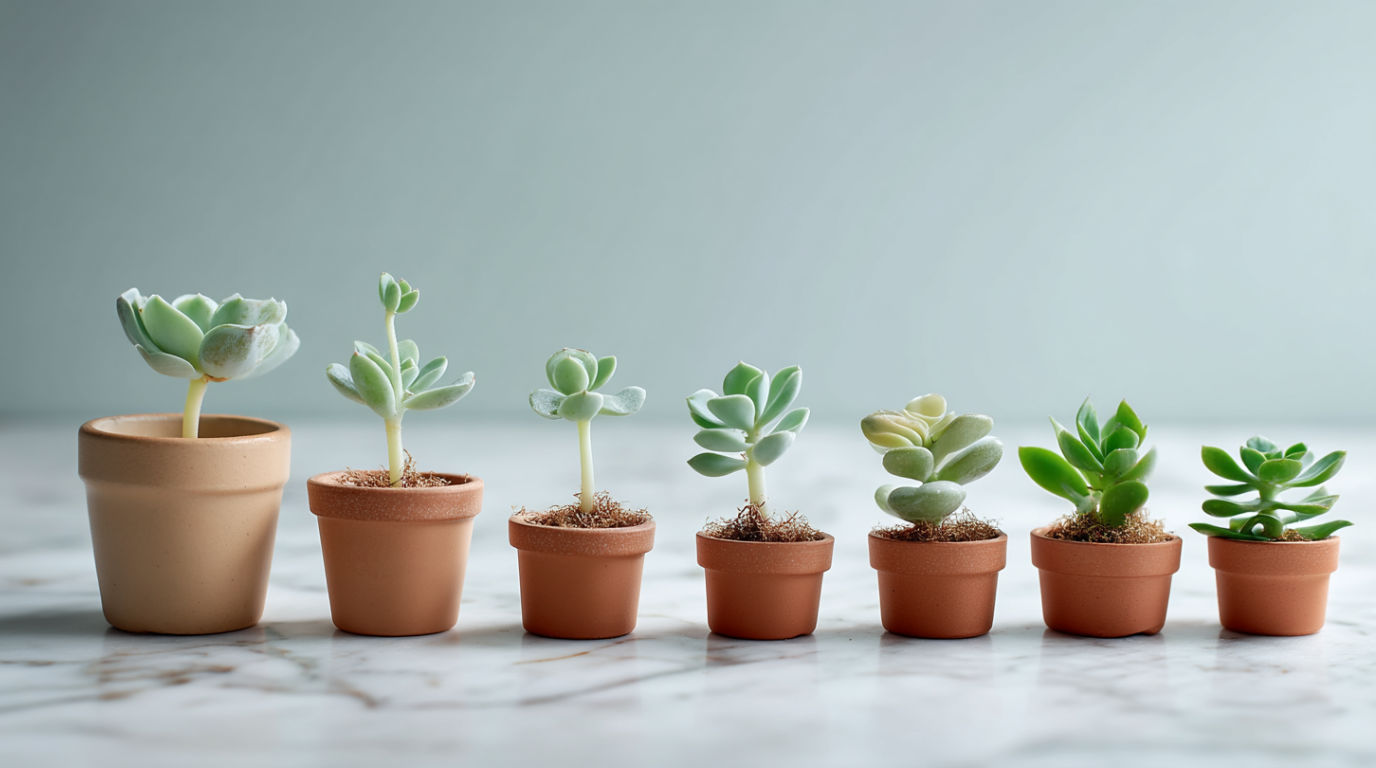 Professional photography of succulent propagation stages arranged in a timeline, leaf cuttings showing various growth stages from fresh cutting to rooted plants, multiple small terracotta pots with sprouting plants, clean white marble surface, soft overhead lighting, vibrant greens against neutral background, precise focus, 60mm macro lens, f/4, scientific illustration style
