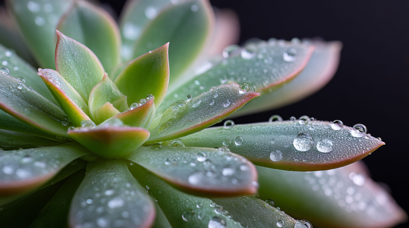 Professional close-up photography of water droplets gently falling onto succulent rosettes, crystal-clear water catching light, macro detail of droplets beading on waxy leaves, rich saturated colors, black background for dramatic contrast, studio lighting with subtle highlights, shot on Sony Alpha with 90mm macro lens, f/3.5, commercial photography style