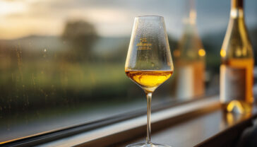 Professional food photography of a crystal dessert wine glass filled with golden sweet white wine, backlit with soft natural light, bottle in soft focus background, droplets of condensation on glass, vineyard vista visible through window, shallow depth of field, high-end restaurant setting, 85mm lens, f/2.8, Canon EOS R5, dramatic highlights and amber tones, award-winning wine photography style, highly detailed, magazine quality