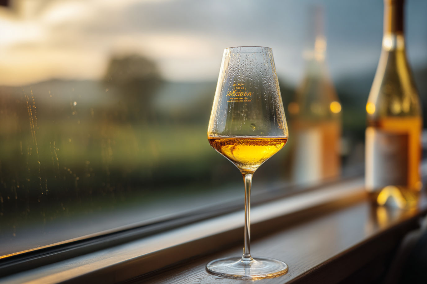 Professional food photography of a crystal dessert wine glass filled with golden sweet white wine, backlit with soft natural light, bottle in soft focus background, droplets of condensation on glass, vineyard vista visible through window, shallow depth of field, high-end restaurant setting, 85mm lens, f/2.8, Canon EOS R5, dramatic highlights and amber tones, award-winning wine photography style, highly detailed, magazine quality