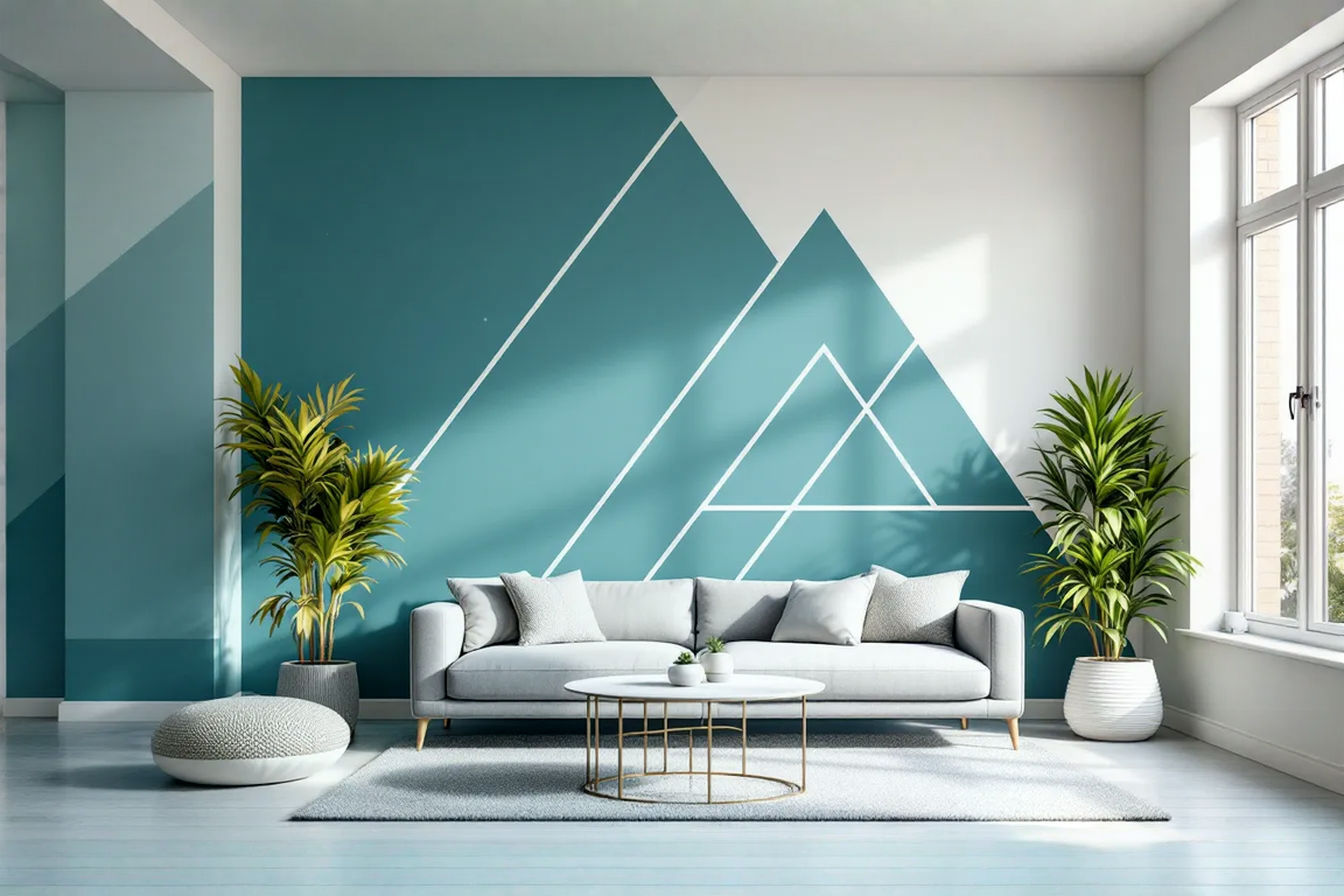 a professional photograph of a modern living room featuring a striking geometric accent wall with a clean tape painting design. The wall should show crisp white lines in a triangular pattern against a teal background, with a minimalist sofa and decorative items that complement the wall. The lighting should be bright and natural, emphasizing the clean lines and professional finish of the tape painting technique.