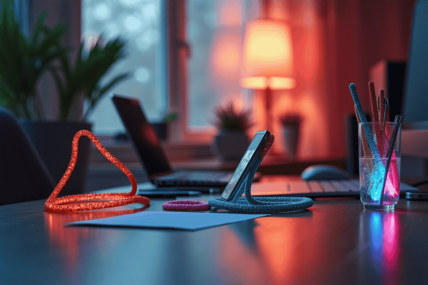 Professional photograph in natural light showing a stylish home office desk with several sophisticated pipe cleaner creations including a modern geometric wall art piece in metallic colors, a sleek smartphone stand, and elegant cable organizers. The items appear refined and adult-oriented rather than childlike, with a soft focus background and warm lighting that highlights the texture and dimension of the pipe cleaner projects.