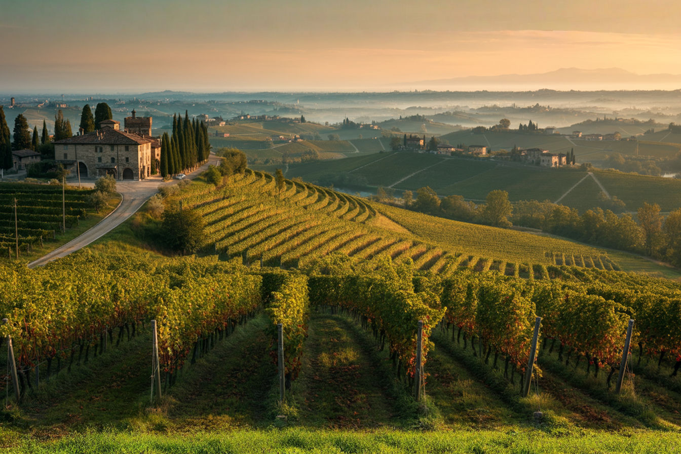 A sweeping aerial view of Valpolicella's terraced vineyards at golden hour, with rows of grapevines following the contours of rolling hills. In the foreground, bunches of Corvina grapes hang from vines, with historic stone buildings and cypress trees dotting the landscape in the background. The warm evening light casts a golden glow across the scene, highlighting the region's remarkable topography and centuries-old viticultural traditions.