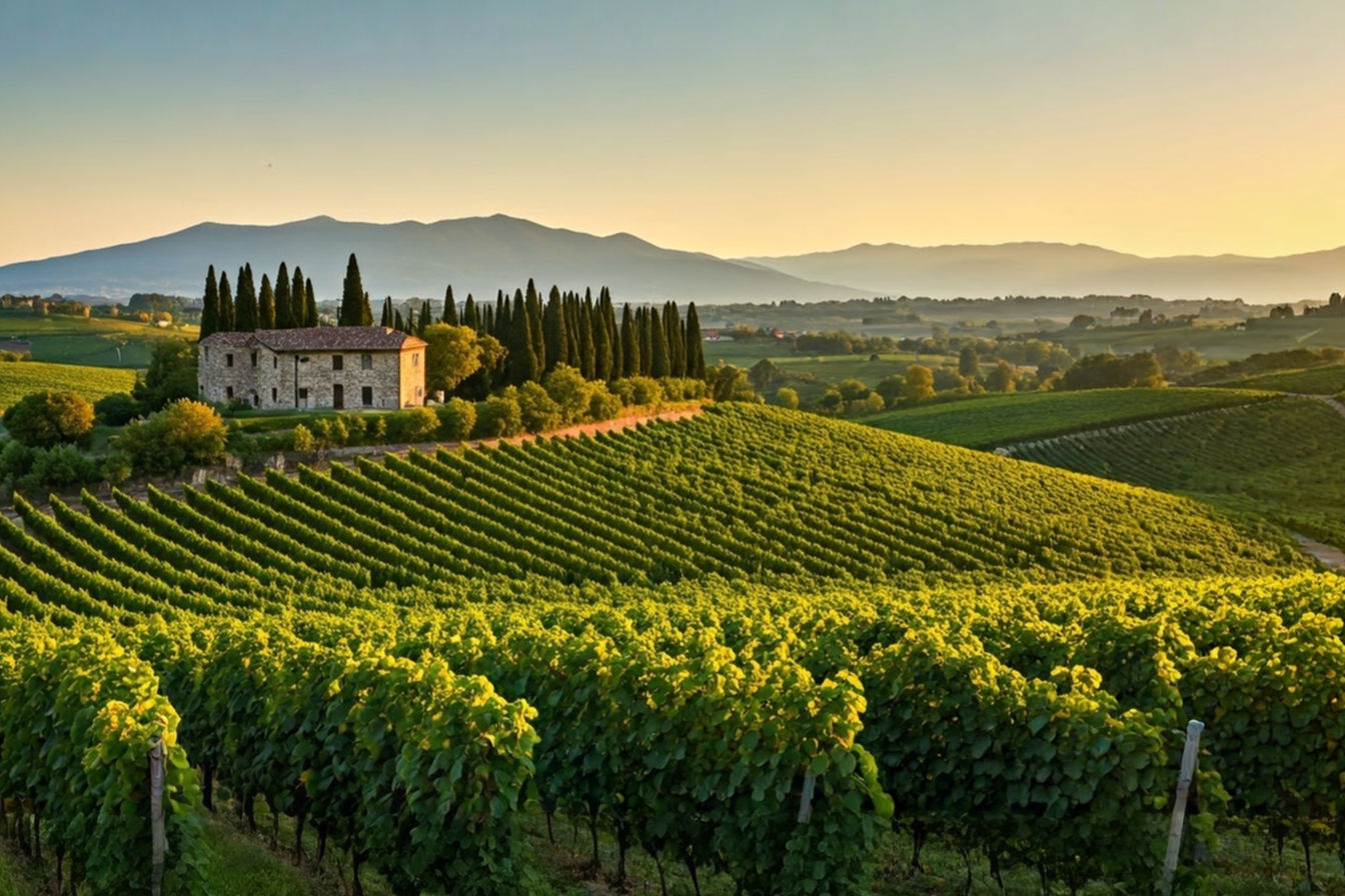 A panoramic view of terraced vineyards in the hills of Conegliano Valdobbiadene at sunset, with rows of Glera vines in the foreground stretching toward distant mountains. Golden evening light illuminates the undulating landscape, while a historic stone farmhouse with terracotta roof sits among cypress trees in the middle distance. The image captures both the natural beauty and cultural heritage that define Veneto's wine country.