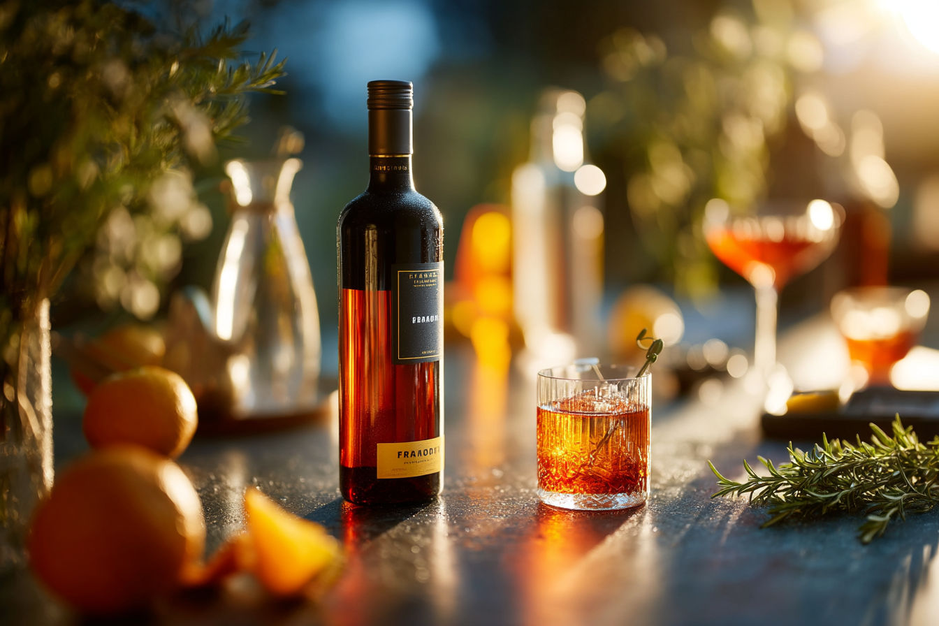 A professional studio photograph of a vermouth wine scene, featuring a chilled bottle of vermouth (sweet and dry styles) on a sleek wooden table, surrounded by elegant glassware with vermouth-based cocktails (martini and Negroni). Include vibrant garnishes like orange peel and olives, with fresh herbs (rosemary, wormwood) and botanicals scattered subtly in the background. The setting is softly lit with warm, golden-hour tones, creating a sophisticated and inviting mood. Highly detailed, realistic textures, shallow depth of field, bokeh effect, rich colors, and a clean, modern composition. No text, no people, ultra-realistic, 8K resolution.