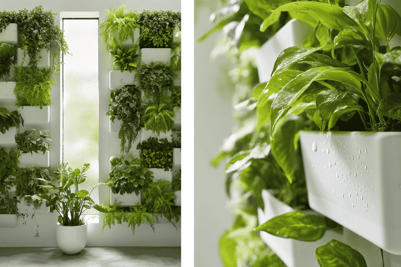 Professional photograph of a modern minimalist living room with a stunning floor-to-ceiling living wall installation featuring various textures of plants in geometric wall-mounted planters. Natural light streams in from a nearby window, highlighting the vibrant greens against a white wall. The composition shows both the entire wall and close-up details of the planting system with water droplets visible on some leaves.