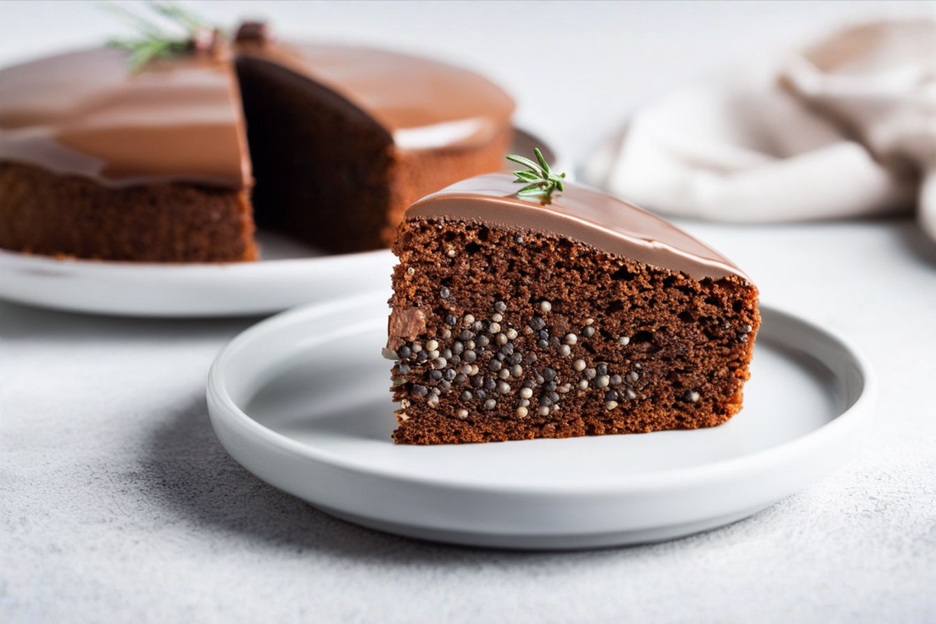 Professional food photography of a slice of chocolate cake with visible specks of black pepper, topped with dark chocolate ganache dripping down the sides. The cake slice sits on a white plate with a small sprig of rosemary as garnish. Soft natural lighting from the side creates gentle shadows, highlighting the cake's moist texture and rich color. Shallow depth of field with the background slightly blurred showing additional cake slices.