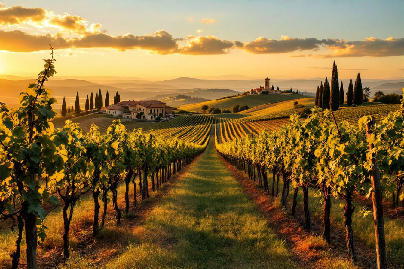a professional photograph of Tuscany's wine country at golden hour, showing rows of grapevines on a gently rolling hillside with cypress trees in the distance. The vineyard is bathed in warm sunset light with long shadows, highlighting the contours of the land, including a rustic stone farmhouse (casale) in the mid-ground with an ancient bell tower of a medieval village visible on a distant hilltop.