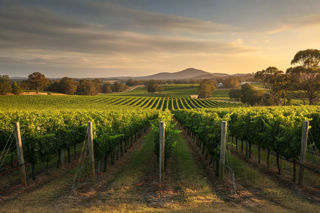 professional landscape photograph of an Australian vineyard at golden hour sunset. Show neat rows of grapevines extending toward the horizon with dramatic Australian countryside in the background.