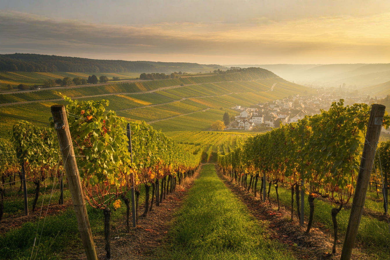 a professional photograph of German wine country featuring dramatic vineyard terraces on steep slate slopes beside a winding river. Early autumn colors with golden light illuminating rows of Riesling vines against a backdrop of a small historic village with a medieval church spire. Includes a stone marker indicating a Grand Cru vineyard site. Uses dramatic natural lighting with the warm glow of sunset, professional depth of field, and crisp detail that showcase the viticulture of Germany's wine regions.
