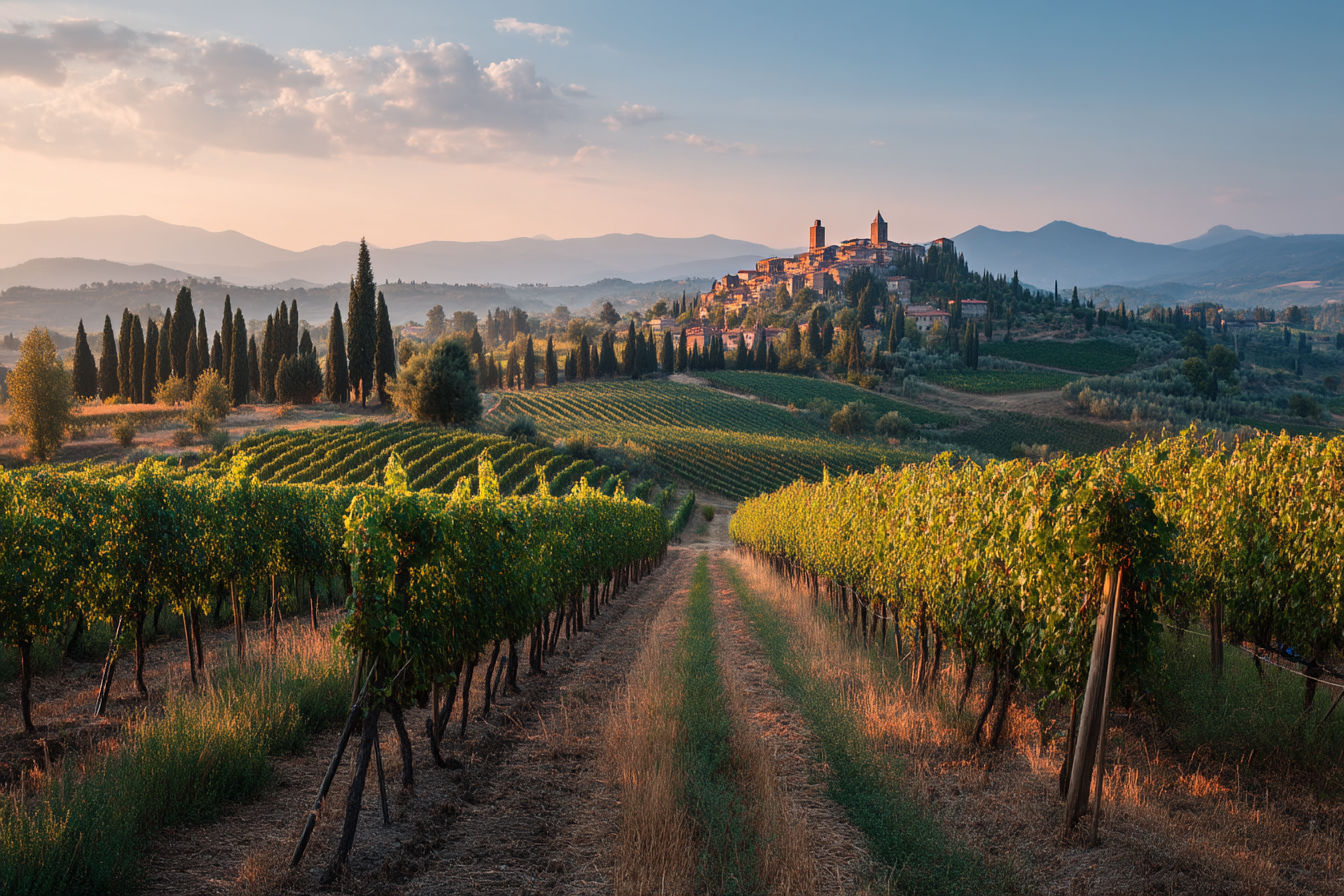 A sun-drenched Italian vineyard landscape in Tuscany with rows of vines stretching toward a distant medieval hilltop town, captured during golden hour with dramatic lighting and rich colors in professional travel photography style. The vineyard is in perfect alignment, creating leading lines toward the historic village perched on a hill, with cypress trees framing the scene and soft mountains in the background under a deep blue sky with scattered clouds.
