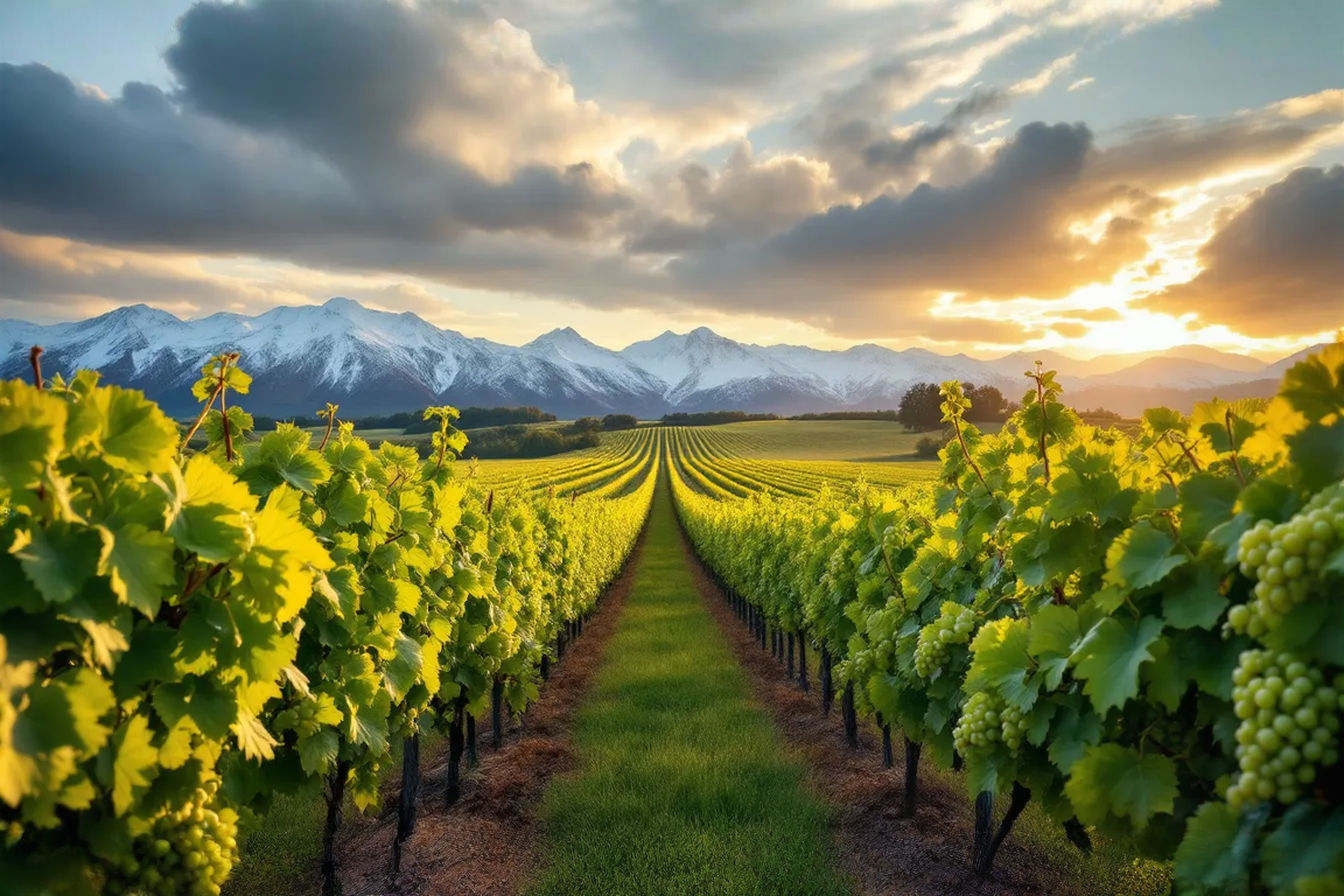 Professional photograph of New Zealand vineyard rows stretching toward snow-capped mountains in Central Otago, with dramatic clouds and golden evening light illuminating the vines. Capture the dramatic landscape that shapes New Zealand's distinctive wines, with depth of field focusing on grape clusters in the foreground and mountains in the background.