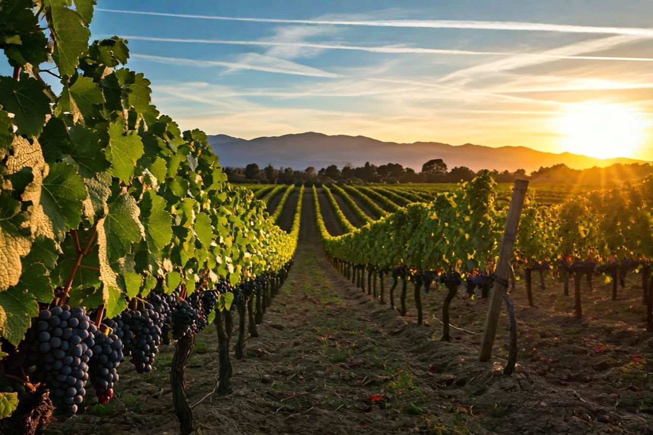 a professional photography style image showcasing a picturesque South American vineyard at sunset. In the foreground, show neatly arranged rows of grapevines with ripe, deep purple Malbec grapes.