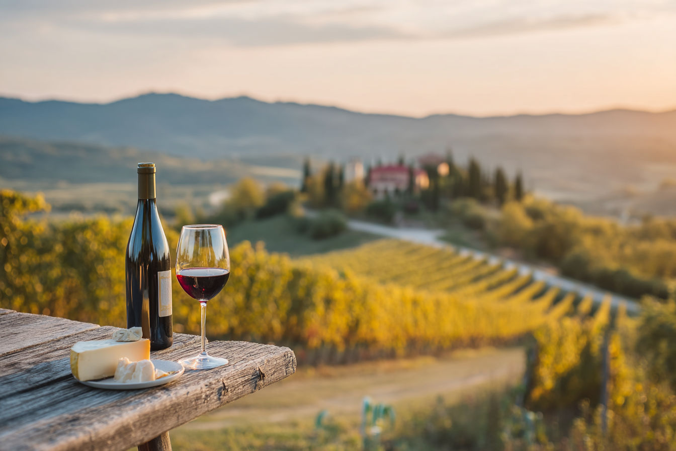 A professional photography-style scene of a picturesque wine region at golden hour, featuring rolling vineyards with lush green vines under a soft, warm sunset sky. A rustic wooden table in the foreground holds a glass of red wine, a bottle, and a small plate of cheese, with a blurred backdrop of distant hills and a charming winery estate. The composition is vibrant yet serene, with crisp details, rich colors, and natural lighting, evoking elegance and wanderlust.