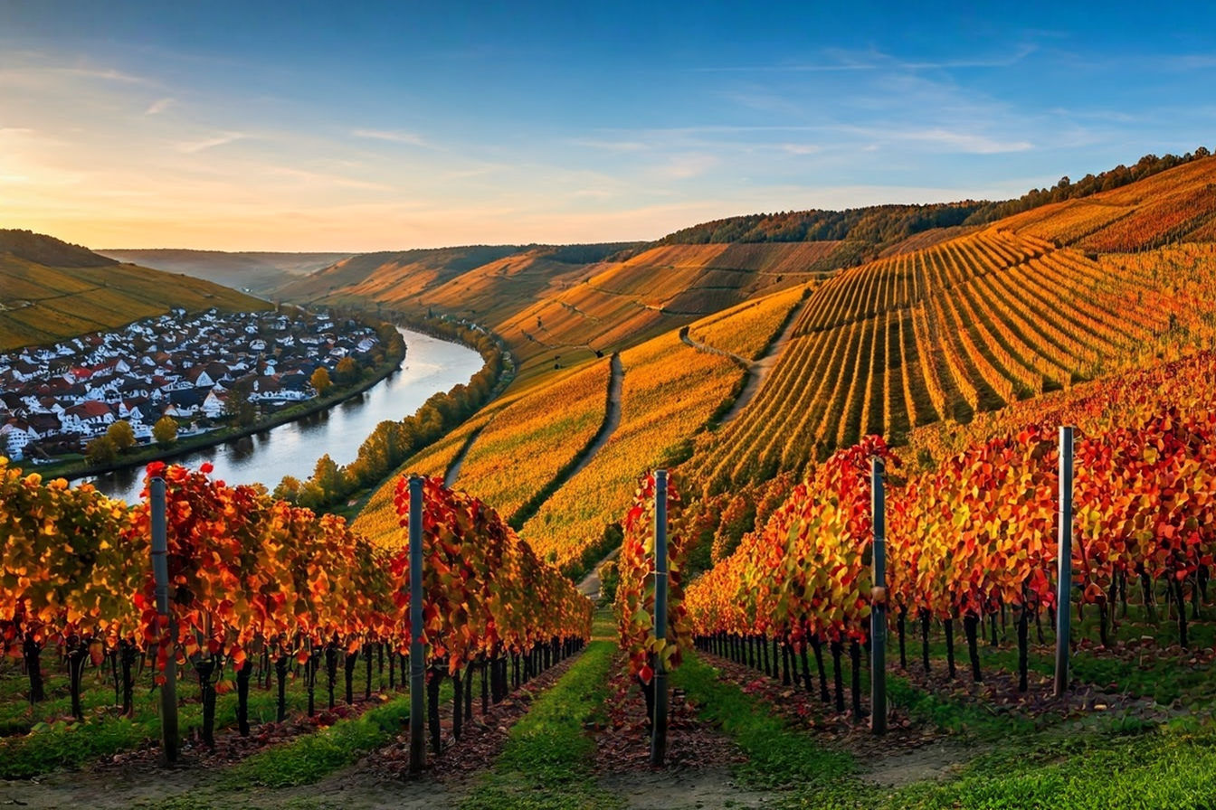 A panoramic photograph of steep hillside vineyards in the Neckar Valley during early autumn. The image should capture rows of red grape varieties with their leaves beginning to show fall colors, stretching across rolling hills. In the mid-ground, a traditional German village with half-timbered houses and a church spire nestles along the river. The late afternoon sunlight casts a golden glow across the landscape, highlighting the terraced vineyard structure. The composition should convey both the dramatic topography that influences the wine's character and the deep connection between the vineyards and local culture.