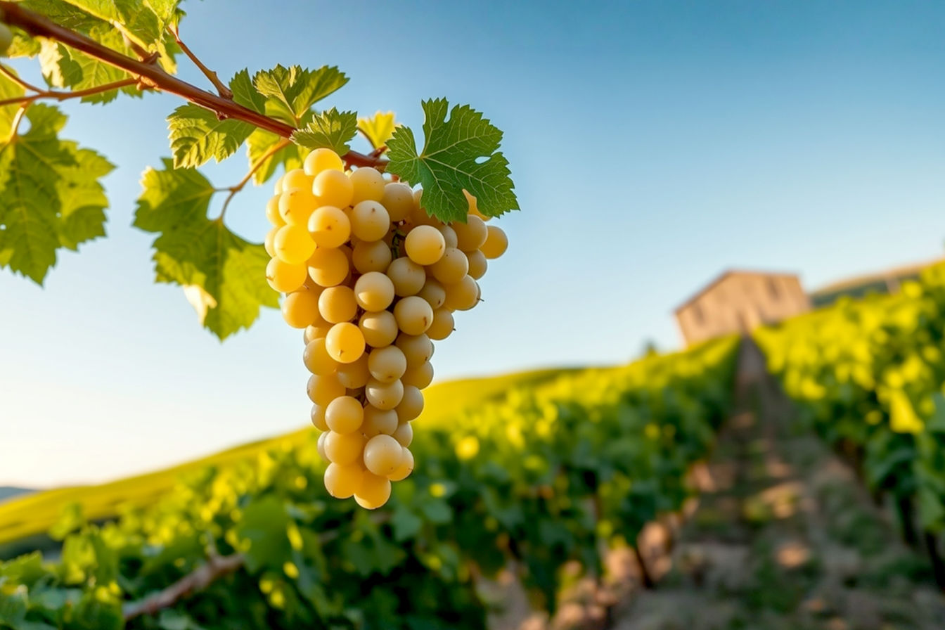 Lifelike, professional photography style image capturing the essence of the Adelaide Hills wine region. Show rolling green vineyards under a clear blue sky with soft, late afternoon light. In the foreground, include a close-up of a perfectly ripe bunch of Chardonnay grapes on the vine, glistening with a few dewdrops. The background should subtly hint at the undulating hills and a distant, charming winery building with a rustic stone facade. The overall mood should be serene, premium, and inviting, emphasizing the natural beauty and quality of cool-climate wine production. Shot with a shallow depth of field to make the grapes pop.