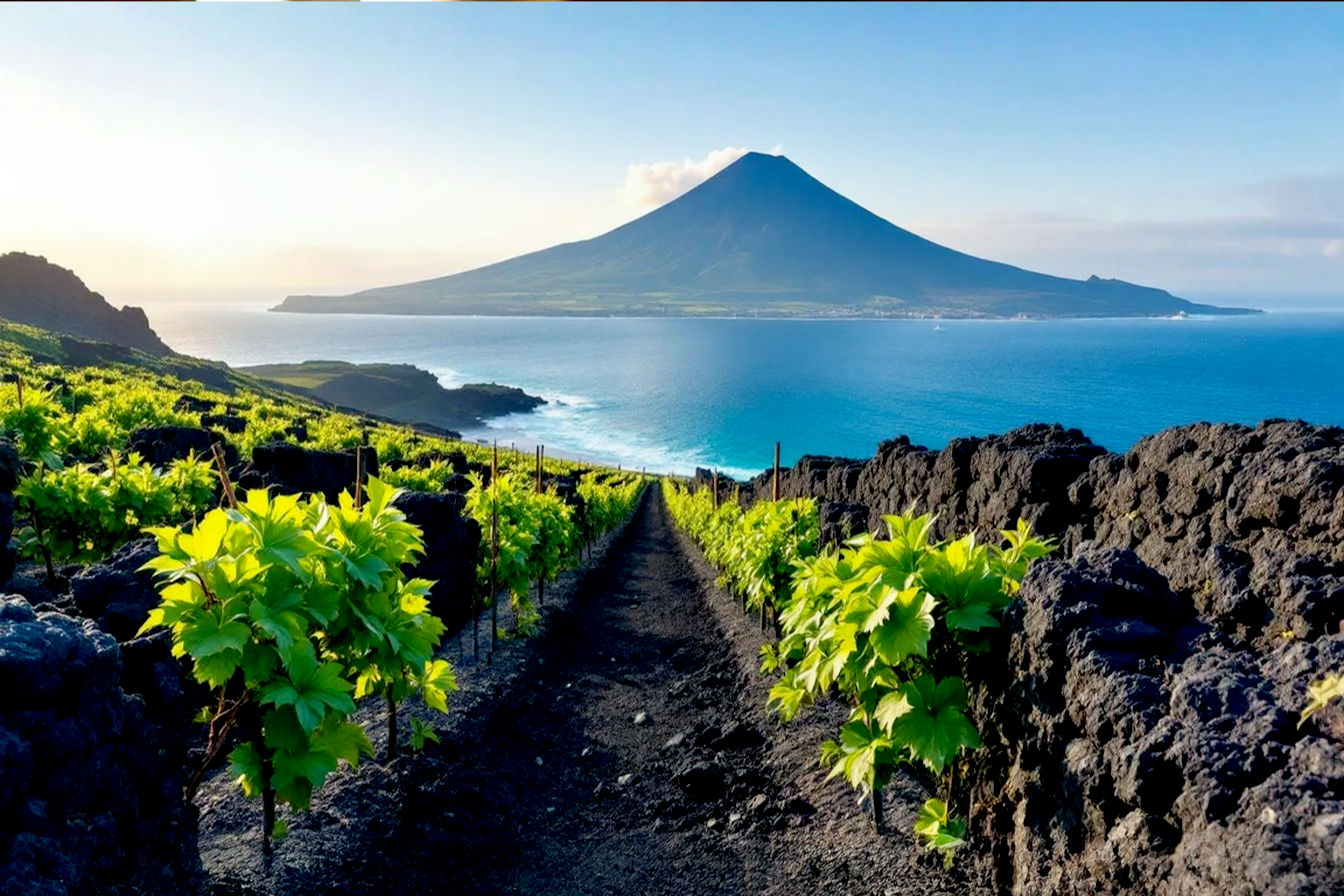 Lifelike, professional photo: Dramatic coastal vineyard scene on Pico Island, Azores. Low-trained green vines grow within black volcanic stone "currais" (small, rectangular rock walls). The deep blue Atlantic Ocean and a clear sky are in the background, with the majestic, conical Mount Pico volcano visible in the distance under soft, late afternoon sunlight. Focus on the texture of the dark lava rocks and the vibrant green vines. High detail, slightly elevated perspective.