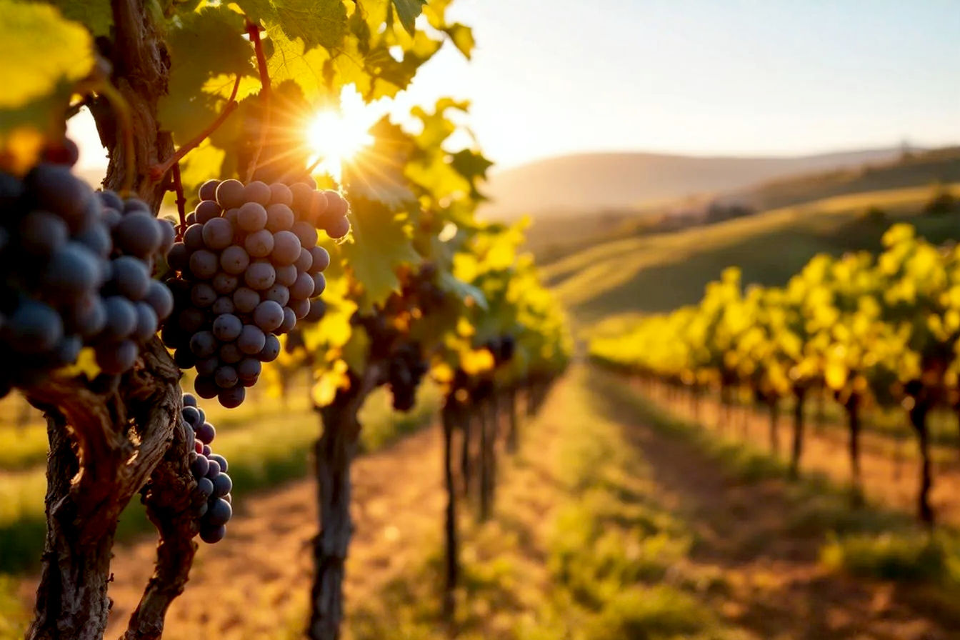 Lifelike, professional photograph of a sun-drenched Barossa Valley vineyard in late afternoon. Focus on a row of gnarled, very old Shiraz grapevines with mature, dark purple grapes. The background shows rolling hills estrés_programsing into the distance under a clear, slightly golden sky. The lighting should be warm and inviting, highlighting the texture of the old vine bark and the richness of the grapes. Include a subtle glimpse of a historic stone winery building in the distant background. Evoke a sense of heritage, quality, and the natural beauty of the wine region. Shot with a shallow depth of field to emphasize the foreground vines.