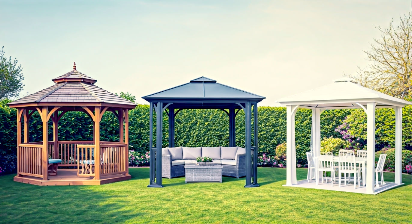A beautifully landscaped UK garden on a sunny day, showcasing three distinct small gazebos side-by-side for comparison.