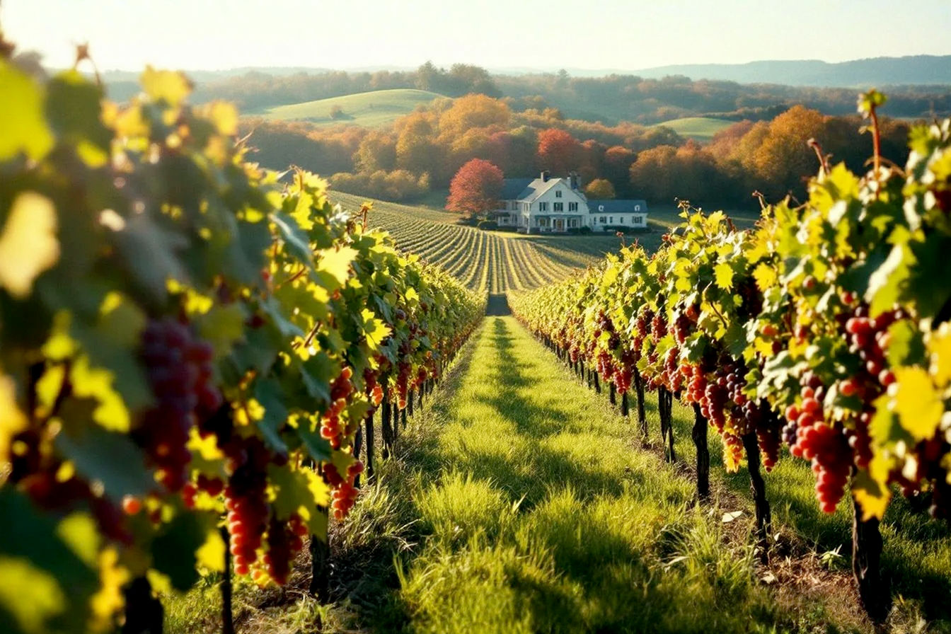 Lifelike, professional photograph of a sun-drenched Connecticut vineyard in early autumn. Rows of lush grapevines with maturing red and green grapes stretch towards a gently rolling hill in the background, dotted with colorful fall foliage (maples in reds, oranges, yellows). A rustic yet elegant winery building with a New England architectural style (e.g., clapboard siding, stone accents) is partially visible on one side. The lighting is warm, golden hour, casting long, soft shadows. The image should evoke a sense of serene beauty, agricultural bounty, and the charm of New England wine country. Focus on sharp details in the foreground grapes and vines, with a slightly softer focus on the background.