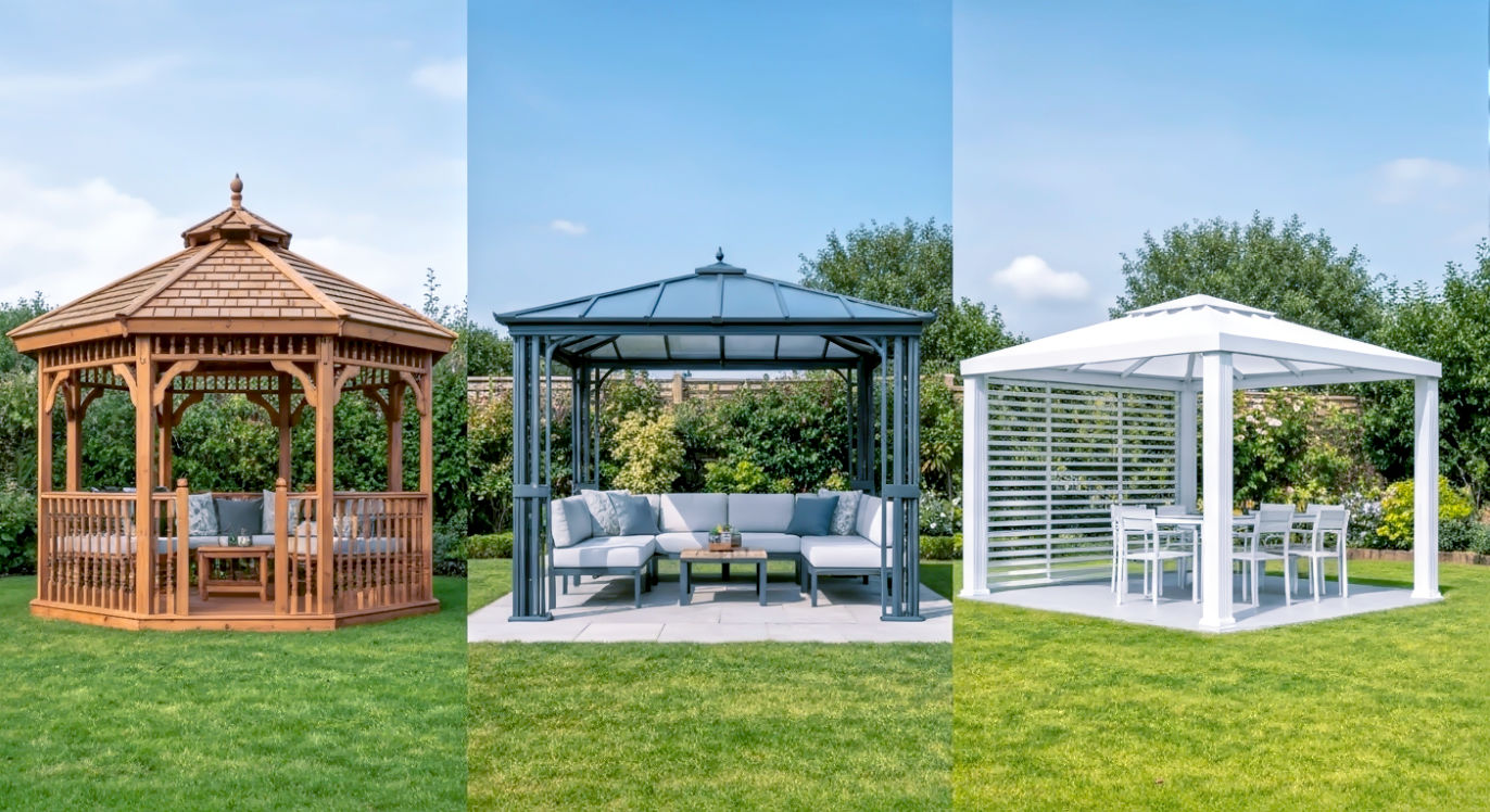 Direct comparison of 3 types of gazebos. the pic shows a wood, polycarbonate and wood gazebo in different garden settings.