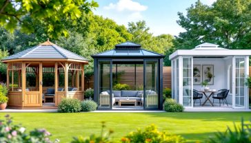 A beautifully landscaped UK garden on a sunny day, showcasing three distinct small gazebos side-by-side for comparison. On the left, a classic hexagonal wooden gazebo made of rich cedar, with intricate railings and a shingle roof, furnished with comfy cushions. In the centre, a modern, anthracite grey powder-coated steel gazebo with a solid polycarbonate hardtop roof, sleek lines, and stylish outdoor lounge furniture beneath. On the right, an ultra-modern, white aluminium gazebo with a partially open louvred roof, minimalist design, and chic dining set underneath. The image should be bright, inviting, and clearly highlight the material differences and aesthetic appeal of each gazebo type. Professional photography style, sharp focus, good depth of field.