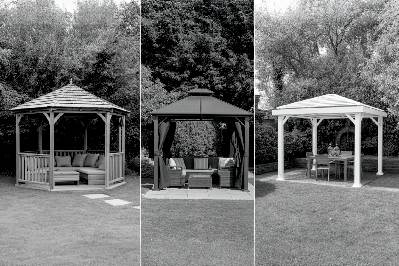 A beautifully landscaped UK garden on a sunny day, showcasing three distinct small gazebos side-by-side for comparison. On the left, a classic hexagonal wooden gazebo made of rich cedar, with intricate railings and a shingle roof, furnished with comfy cushions. In the centre, a modern, anthracite grey powder-coated steel gazebo with a solid polycarbonate hardtop roof, sleek lines, and stylish outdoor lounge furniture beneath. On the right, an ultra-modern, white aluminium gazebo with a partially open louvred roof, minimalist design, and chic dining set underneath. The image should be bright, inviting, and clearly highlight the material differences and aesthetic appeal of each gazebo type. Professional photography style, sharp focus, good depth of field.