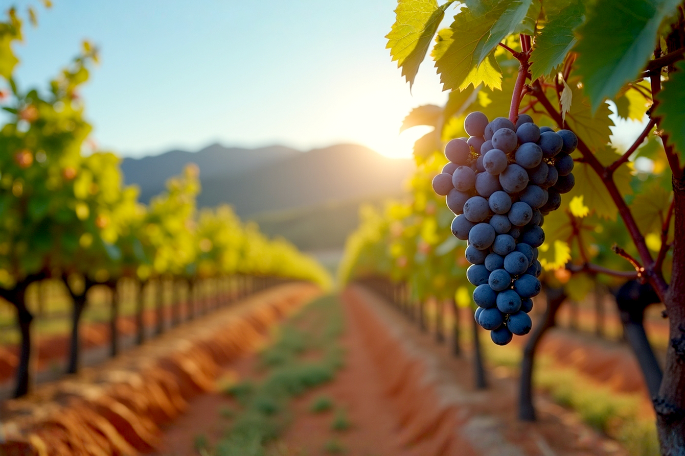 Lifelike, professional photo: A sun-drenched, mature Shiraz vineyard in Australia's Heathcote region. Focus on a close-up of dark, ripe Shiraz grapes on the vine, with the distinctive deep red, iron-rich Cambrian soil clearly visible beneath. In the blurred background, rolling hills of the Mount Camel Range under a clear blue sky. Golden hour lighting, creating warm tones and long shadows. The image should convey premium quality, natural beauty, and the unique terroir of the region. DSLR quality, sharp focus on grapes and soil, subtle bokeh background.