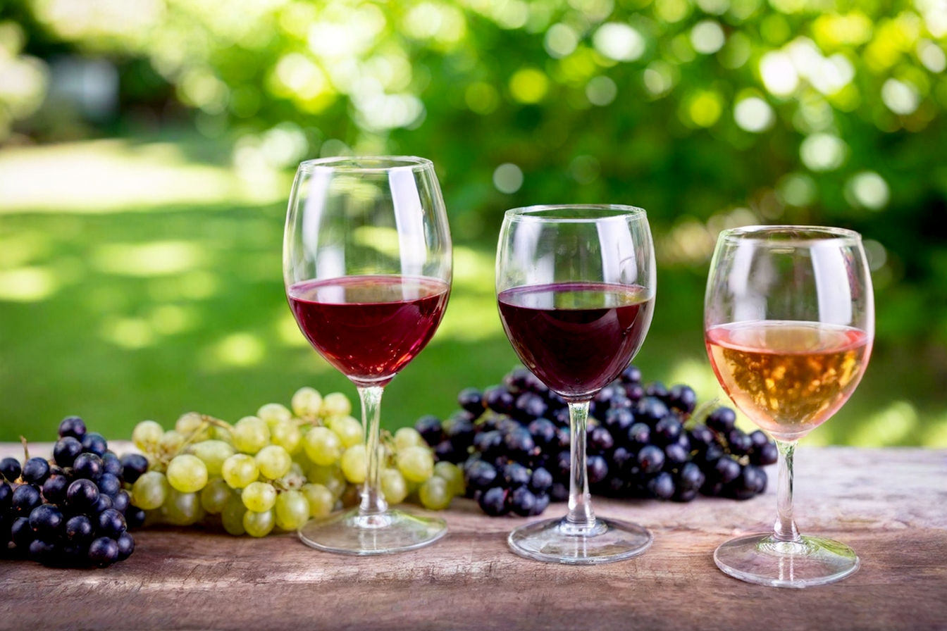 Lifelike pro photography, eye-level shot: A rustic yet elegant wine tasting setup outdoors at a Maine winery. In the foreground, a weathered wooden table features a flight of three wine glasses – one with crisp white wine, one with vibrant red wine, and one with deep purple blueberry wine. A partially visible bottle of Maine wine with a simple, artisanal label is next to them. In the blurred background, show rows of grapevines under a clear autumn sky with hints of fall foliage, and perhaps a glimpse of a classic New England barn or coastal scenery. The lighting should be warm and inviting, late afternoon sun casting soft shadows. Focus on the textures of the wood, glass, and wine. Evoke a sense of quality, authenticity, and the unique charm of Maine's wine country.