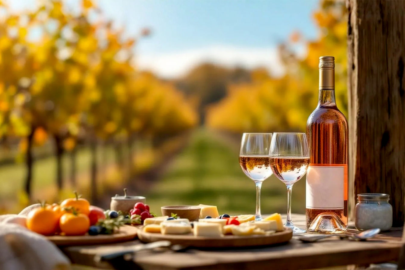 Lifelike, pro photography style image: A sun-drenched, slightly rustic but elegant outdoor wine tasting setup at a Massachusetts vineyard in early autumn. Focus on a table with a few glasses of white and rosé wine, a partially visible wine bottle with a generic but classy Massachusetts-themed label, and a platter of local cheeses and fruits. In the blurred background, show rows of grapevines with hints of fall color (golden yellows, muted reds) under a clear blue sky. The overall mood should be inviting, sophisticated, and evocative of a New England harvest season. Capture the warm glow of late afternoon sun. Emphasize textures: the condensation on the wine glasses, the wood grain of the table, the roughness of a nearby stone wall or wooden fence post.