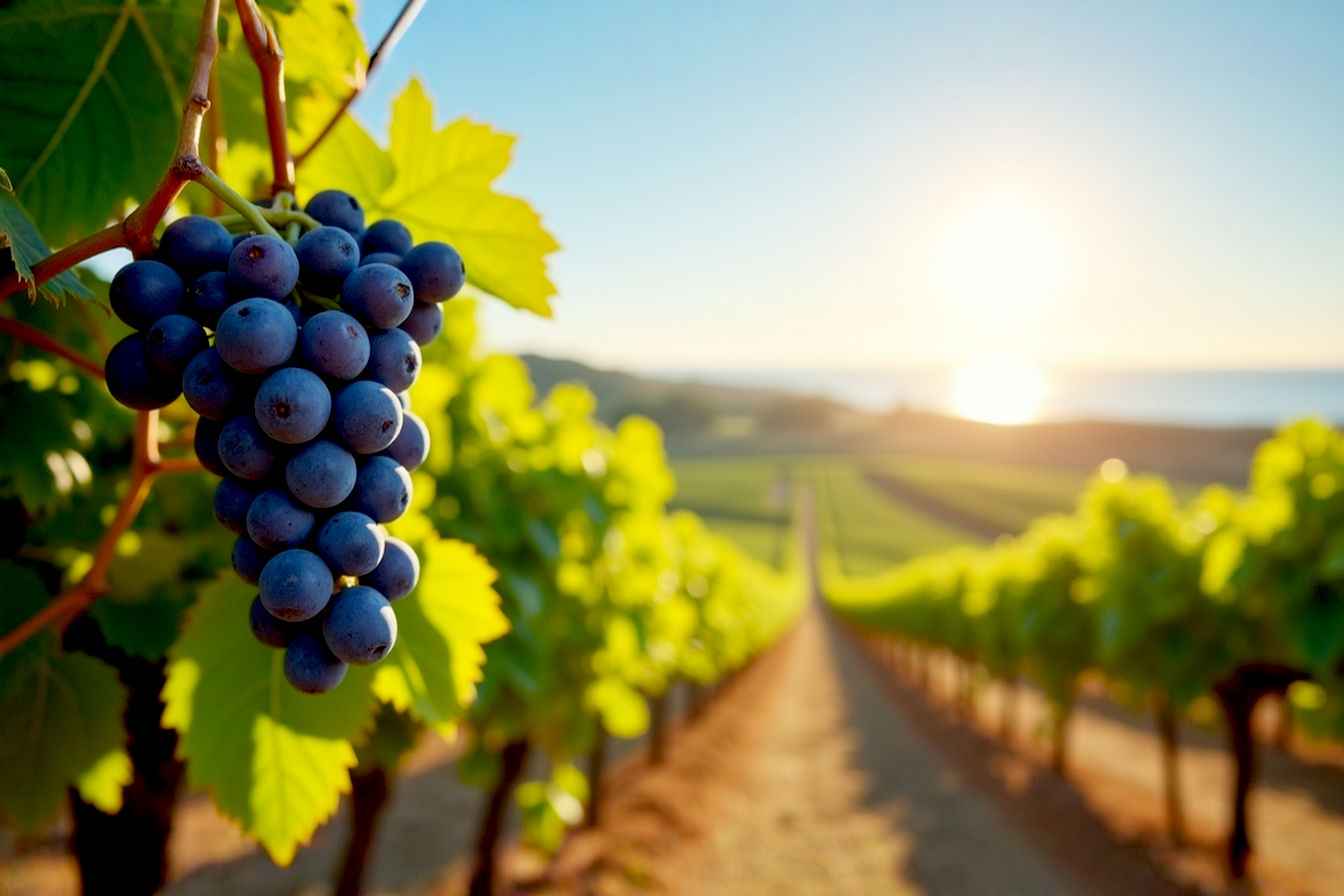 Lifelike, professional photograph of a sun-drenched McLaren Vale vineyard. Rolling hills covered in lush green vines under a clear blue sky with a hint of the distant ocean. Focus on a mature bunch of dark Shiraz grapes, glistening and perfectly ripe on the vine in the foreground. Warm, golden hour lighting. Evoke a sense of premium quality, natural beauty, and the rich terroir of the region. DSLR quality, sharp focus, slightly blurred background.