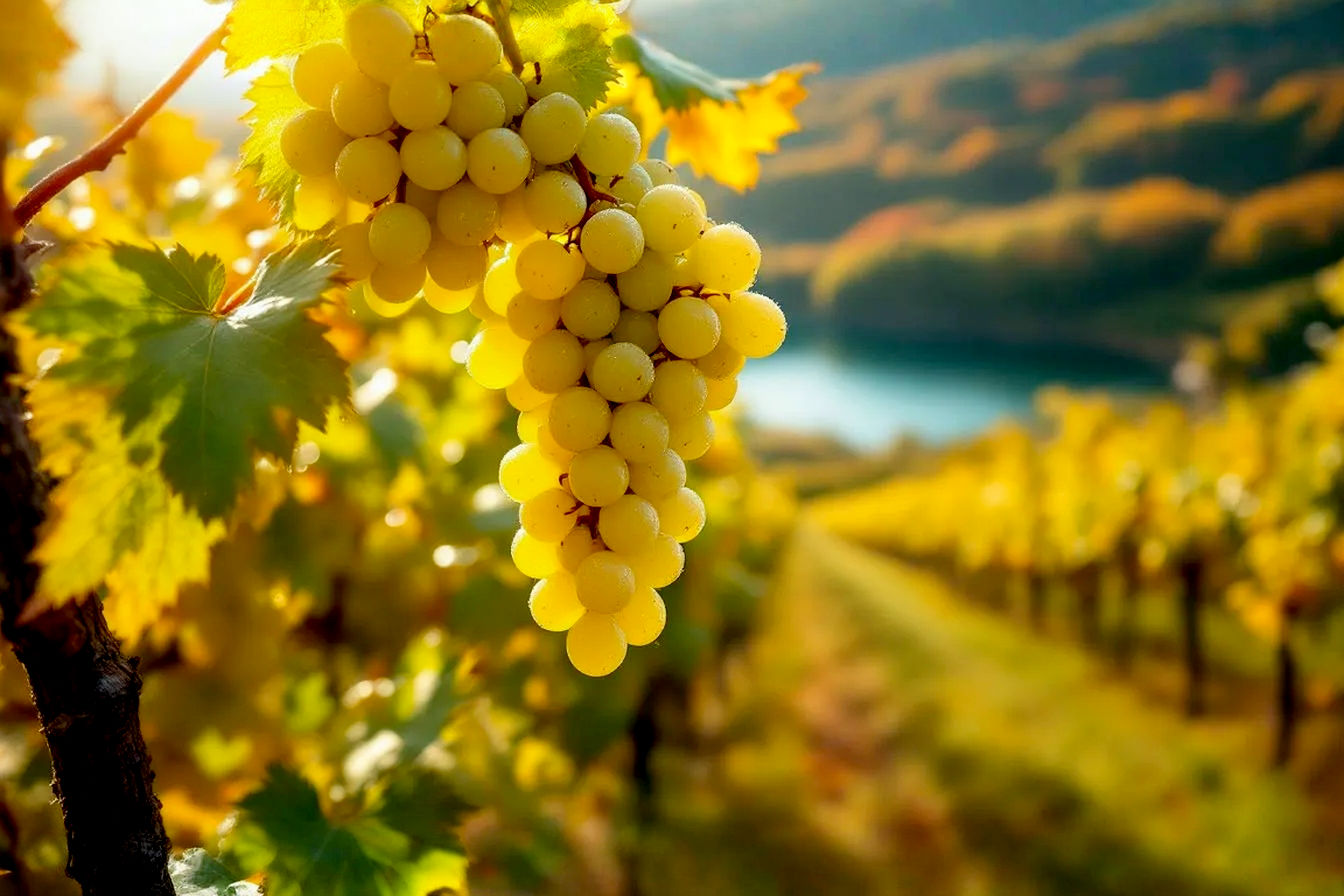 Lifelike, pro photography style image. A sun-drenched autumn vineyard in the Finger Lakes region of New York. Rolling hills with rows of grapevines showing vibrant fall colors (reds, oranges, yellows). In the foreground, a close-up of a few ripe bunches of Riesling grapes (greenish-gold) on the vine, with dewdrops glistening. One of the deep blue Finger Lakes is visible in the background, with a hazy, atmospheric perspective. The lighting should be warm, golden hour light, creating long shadows and highlighting the texture of the grapes and leaves. Focus should be sharp on the foreground grapes, with a gentle bokeh effect for the background. Evoke a sense of abundance, quality, and the beauty of New York wine country.