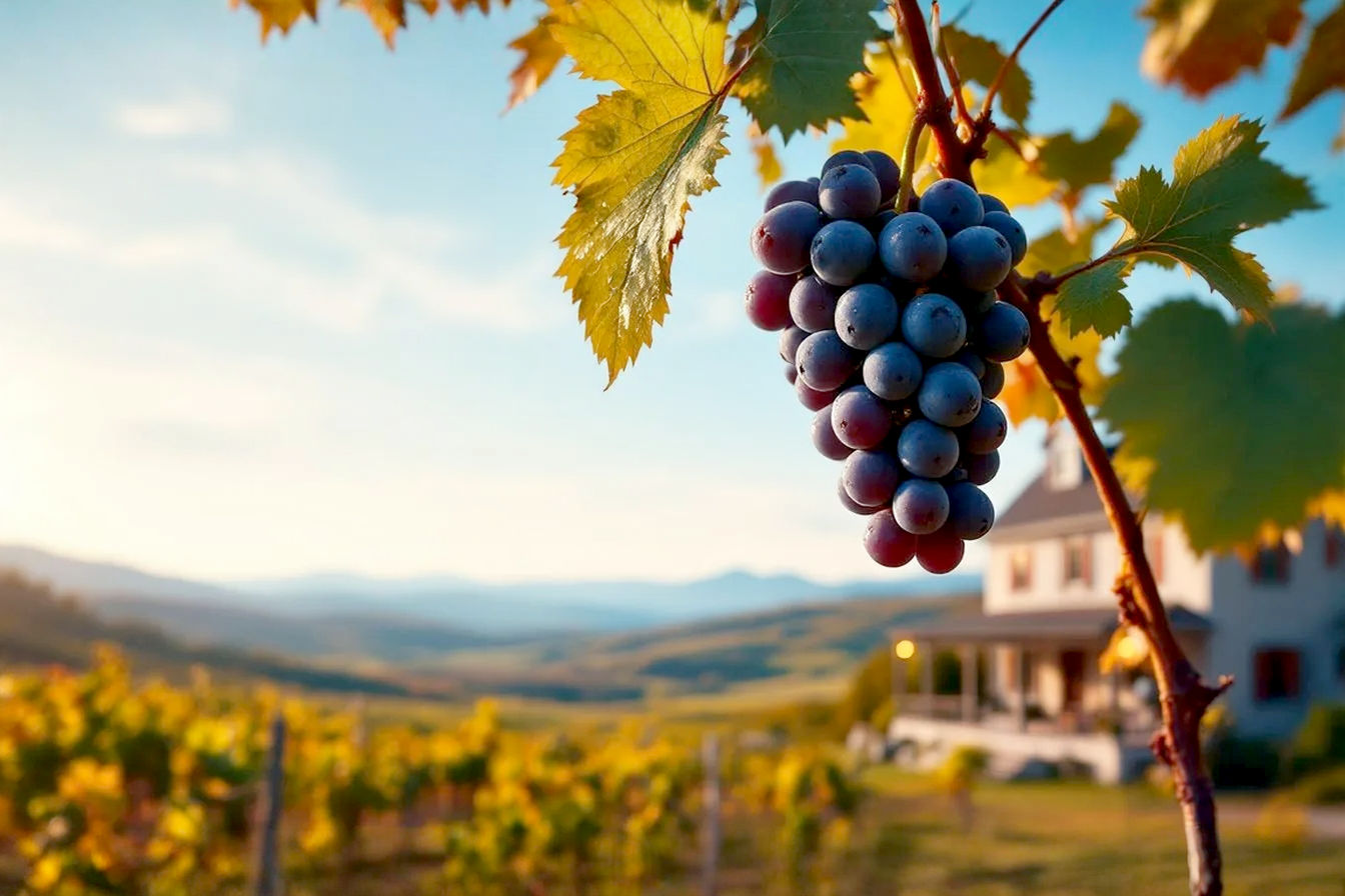 Lifelike, professional photograph of a scenic New Hampshire vineyard in early autumn. Rolling hills with rows of grapevines showing hints of fall colors (reds, oranges, yellows) under a clear, bright blue sky. In the foreground, a close-up of a few ripe, dark purple Marquette grapes on the vine, with dewdrops glistening. In the mid-ground, a rustic yet elegant winery building with a welcoming porch. The overall mood should be inviting, high-quality, and evoke the beauty of New England's agricultural landscape. Golden hour lighting preferred for warm tones.