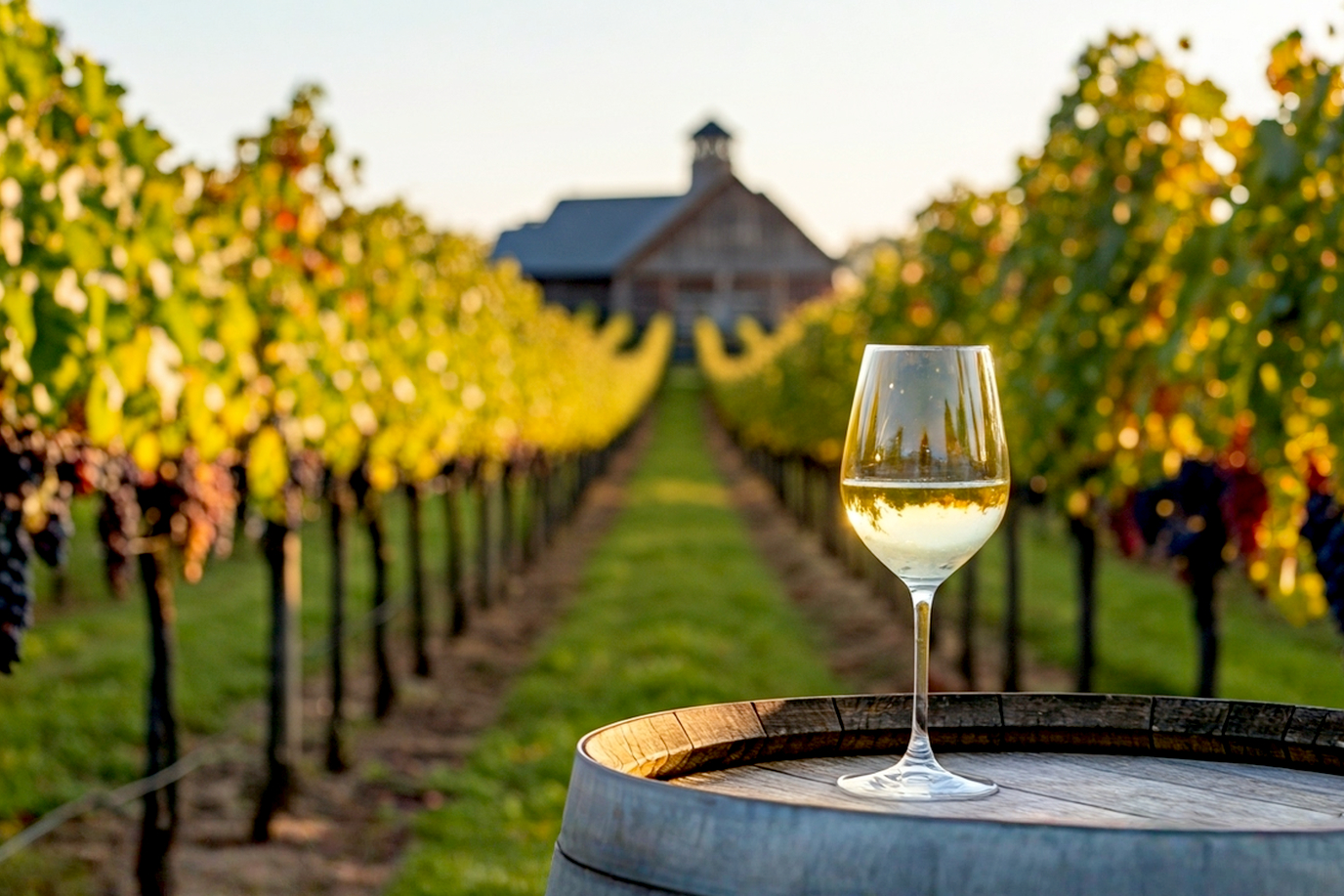 Lifelike pro photography, eye-level medium shot of a sun-dappled vineyard in Ohio's Grand River Valley during early autumn. Rows of lush grapevines with ripening red and white grapes lead towards a charming, rustic winery building in the background. A wine glass filled with golden Ice Wine sits on a rustic wooden barrel in the foreground, slightly out of focus, with the vineyard sharply in focus. Warm, golden hour lighting, vibrant fall colors in the foliage. Evokes a sense of quality, heritage, and inviting warmth. High detail, realistic.