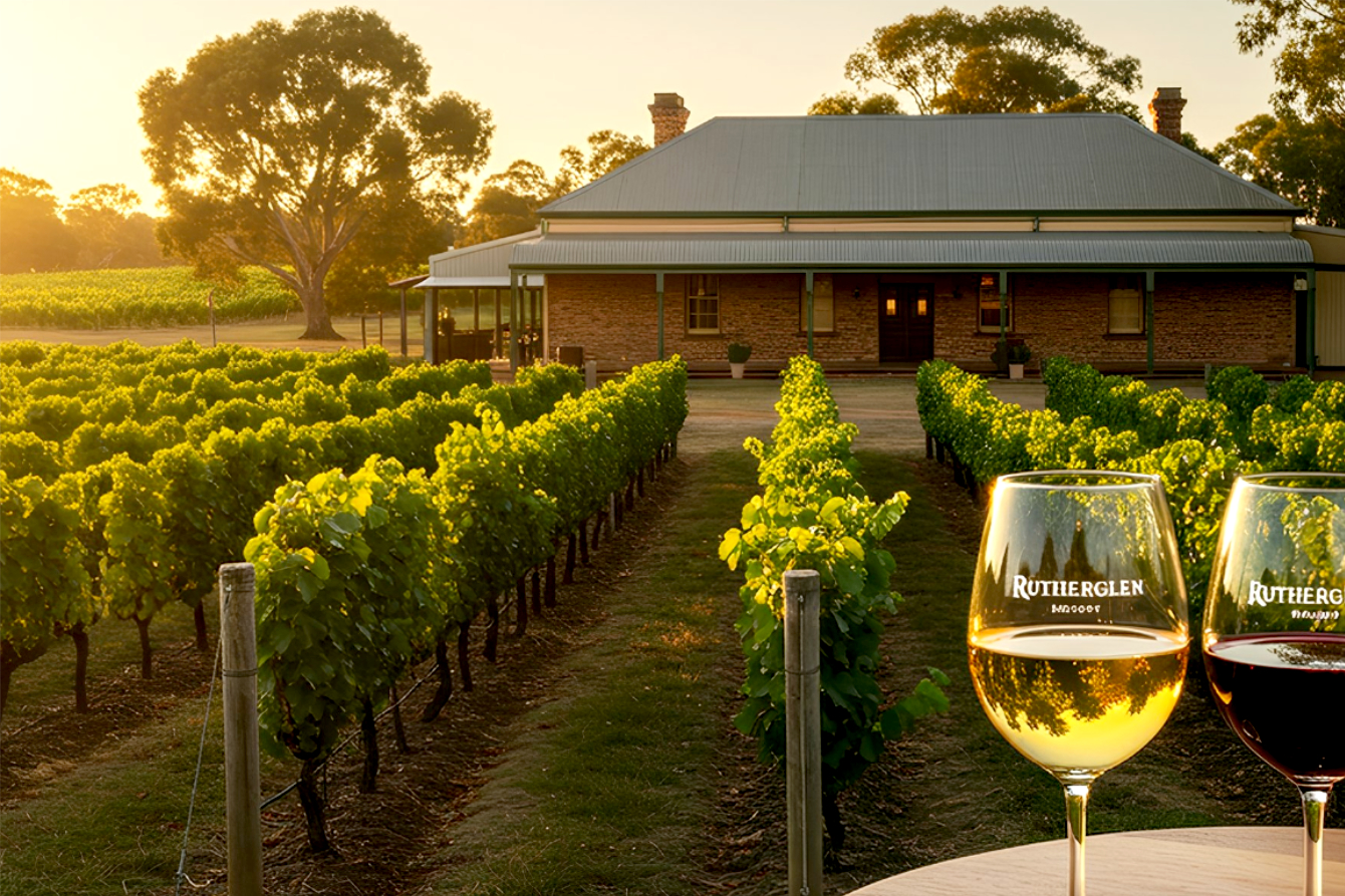 Lifelike, professional photograph capturing the essence of the Rutherglen wine region. A sun-drenched vineyard with rows of lush, mature grapevines in late afternoon light, leading towards a historic winery building with classic Australian architecture (e.g., corrugated iron roof, wide verandahs, old brick). In the foreground, a rustic wooden table holds a gleaming, dark amber glass of Rutherglen Muscat and a robust, deep red glass of Durif. The overall mood should be warm, inviting, and evoke a sense of heritage and quality. Focus on rich colors, textures, and a slightly golden hour glow. Award-winning photography style, highly detailed, natural lighting.
