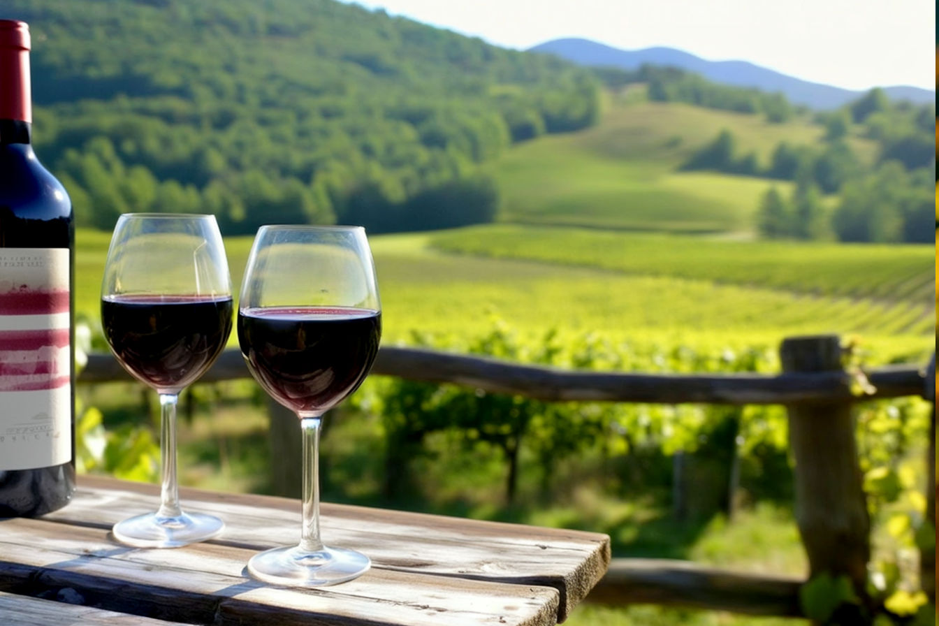 Lifelike pro photography, eye-level shot of a rustic yet elegant wine tasting setup on a weathered wooden table. In the foreground, two wine glasses filled with crisp white and light red wine catch the afternoon sun. A partially visible bottle of Vermont wine with a simple, artisanal label sits beside them. In the blurred background, rolling green Vermont hills with rows of grapevines under a clear late summer sky. The scene should evoke a sense of peaceful, authentic agritourism and high-quality craft wine. Golden hour lighting, rich colors, sharp focus on the wine glasses.
