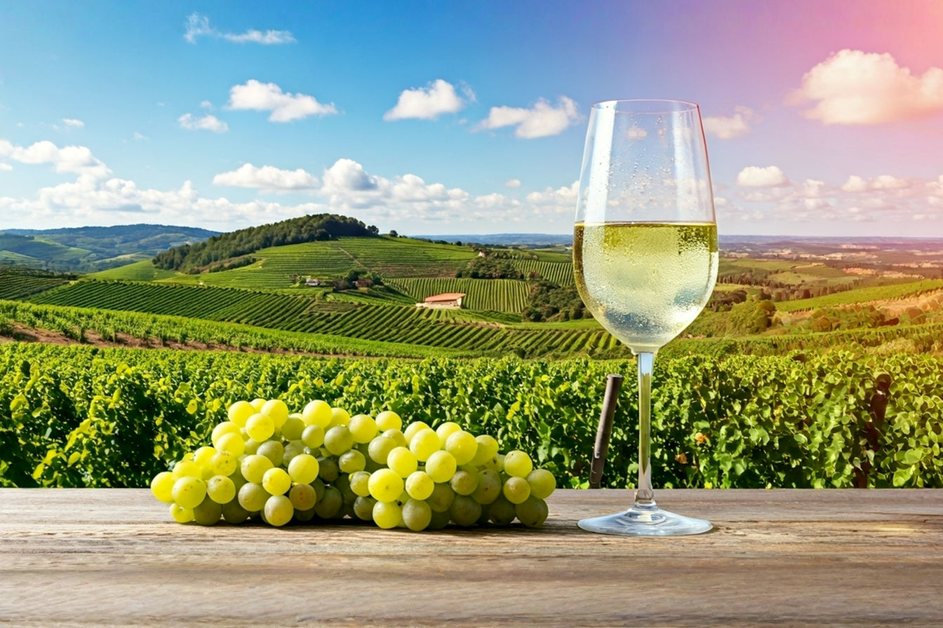 Lifelike, professional photo of a sun-drenched, lush green vineyard in the Vinho Verde region of Portugal. Rolling hills extend into the distance under a clear blue sky with a few fluffy clouds. In the foreground, a close-up of vibrant green grapevines with healthy bunches of pale green grapes, possibly with a traditional granite pergola visible. A chilled glass of pale, slightly sparkling Vinho Verde wine sits on a rustic wooden table overlooking the vineyard, with condensation on the glass. The overall mood is bright, fresh, and inviting, emphasizing the natural beauty and refreshing quality of the wine. Style: Pro photography, natural light, high detail, vibrant colors.