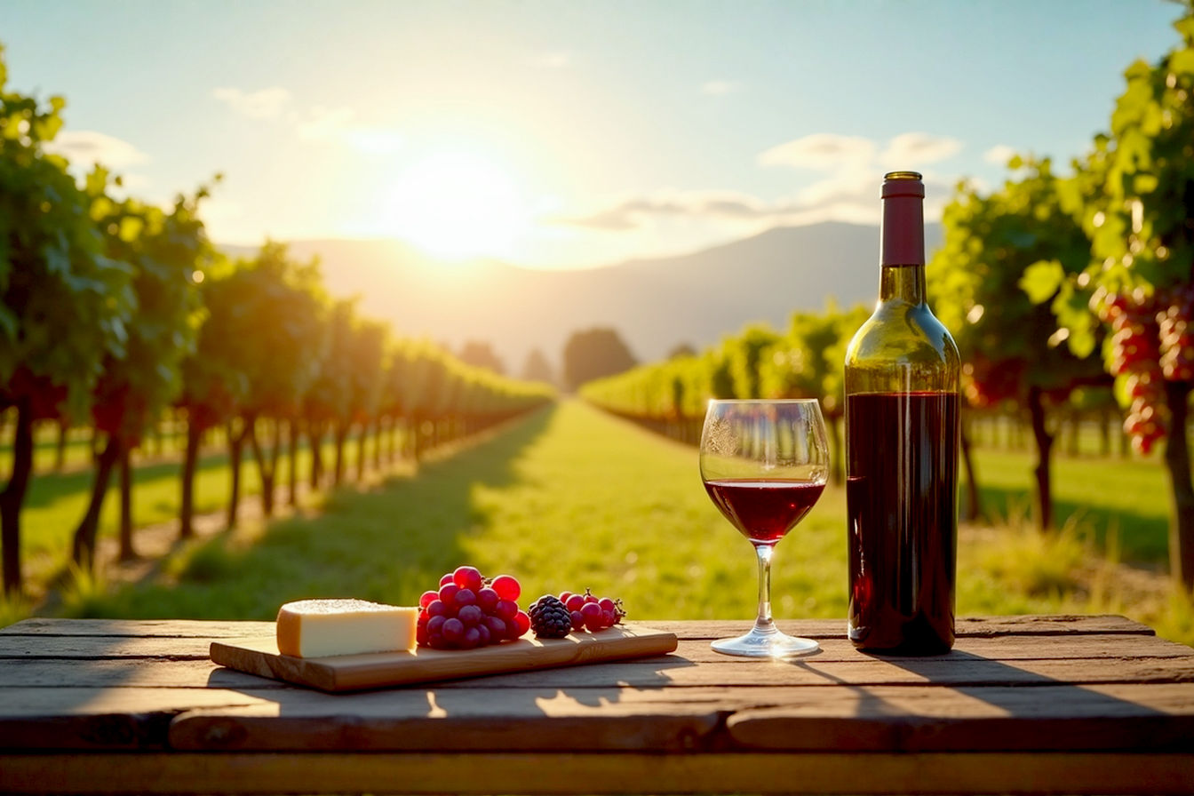 Lifelike, professional food & wine photography style: A sun-drenched vineyard in Washington State during late afternoon, with rows of mature grapevines heavy with ripe Cabernet Sauvignon grapes. In the foreground, a rustic wooden table holds a newly opened bottle of premium Washington State Cabernet Sauvignon, a filled wine glass showcasing its deep red color, and a small platter of artisanal cheeses and charcuterie. The Cascade Mountains are faintly visible in the distant background under a clear blue sky with a few wispy clouds. Golden hour lighting, emphasizing warmth and quality. Focus on the wine bottle and glass, with the vineyard providing a rich, inviting backdrop. High detail, vibrant colors, and a sense of sophisticated abundance.