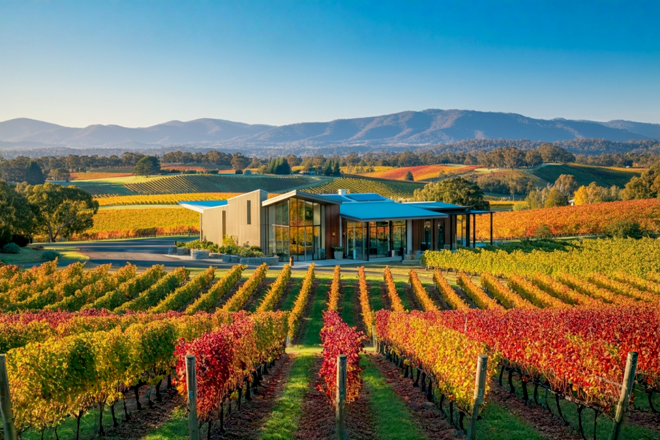 Lifelike, professional photography, vibrant shot of a sun-drenched Yarra Valley vineyard in autumn. Rolling hills display rows of grapevines with golden, red, and orange leaves. In the mid-ground, a modern, elegant cellar door building with large glass windows reflecting the scenery. The sky is a clear, soft blue with a hint of late afternoon sun casting long shadows. Focus on capturing the beauty and premium feel of the wine region. Include a subtle hint of distant blue mountain ranges.