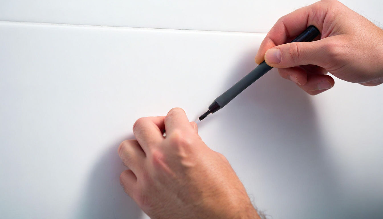 A close-up, lifelike professional photograph of a hand meticulously applying a repair compound to a hairline crack on a glossy white ceramic tile. The background is softly blurred, showing hints of a modern, clean bathroom or kitchen environment.