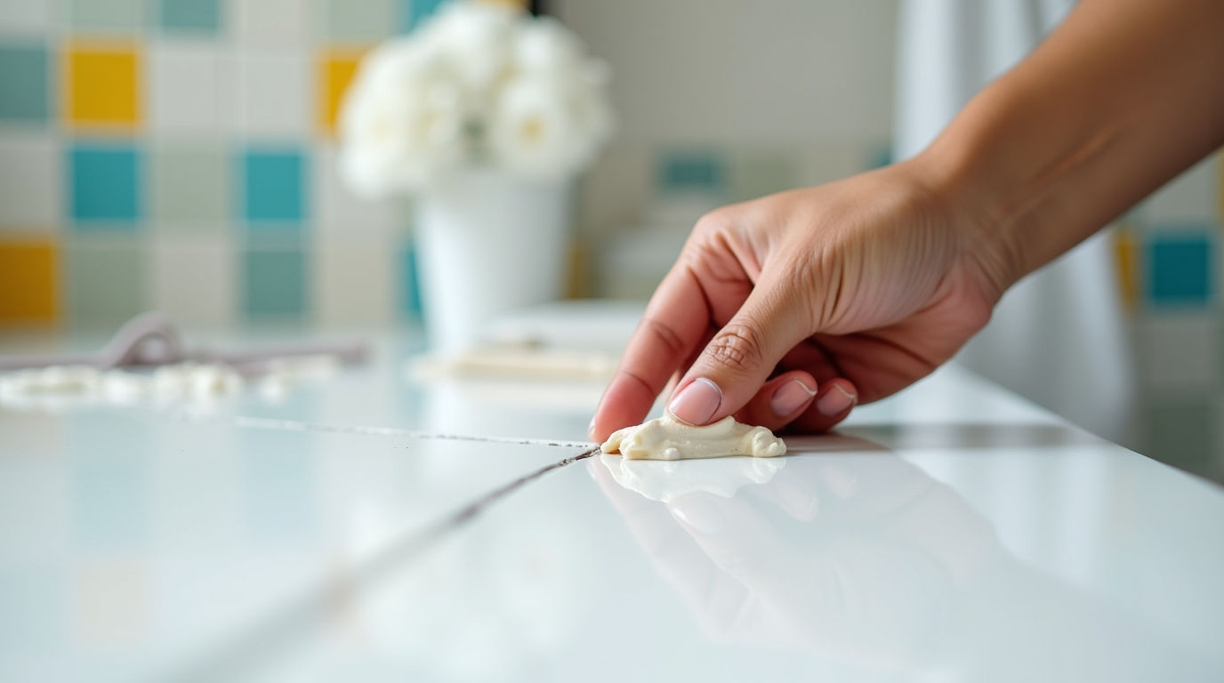 A close-up, lifelike professional photograph of a hand meticulously applying a repair compound to a hairline crack on a glossy white ceramic tile. The background is softly blurred, showing hints of a modern, clean bathroom or kitchen environment.