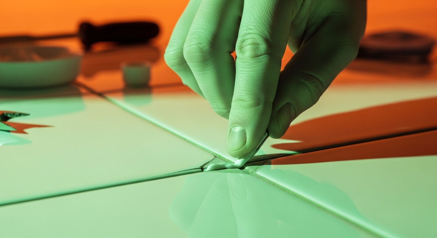 Close-up of someone applying ceramic repair kit to tiles