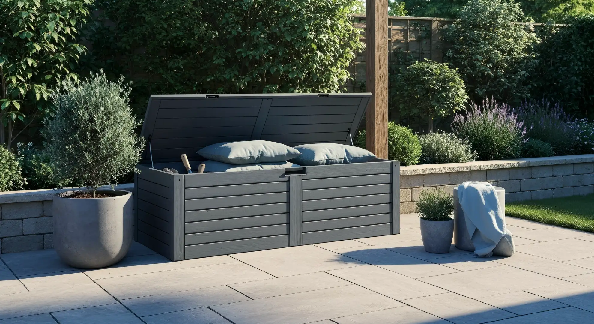 Lifelike professional photography of a stylish, modern garden scene featuring a high-quality, weather-resistant garden storage box blending seamlessly into the outdoor environment. The box is subtly open, revealing neatly stored garden cushions and a few small tools. The setting is a well-maintained UK garden patio with lush greenery and subtle sunlight. Focus on natural colours and a clean, organised feel. High resolution, sharp focus, inviting atmosphere.