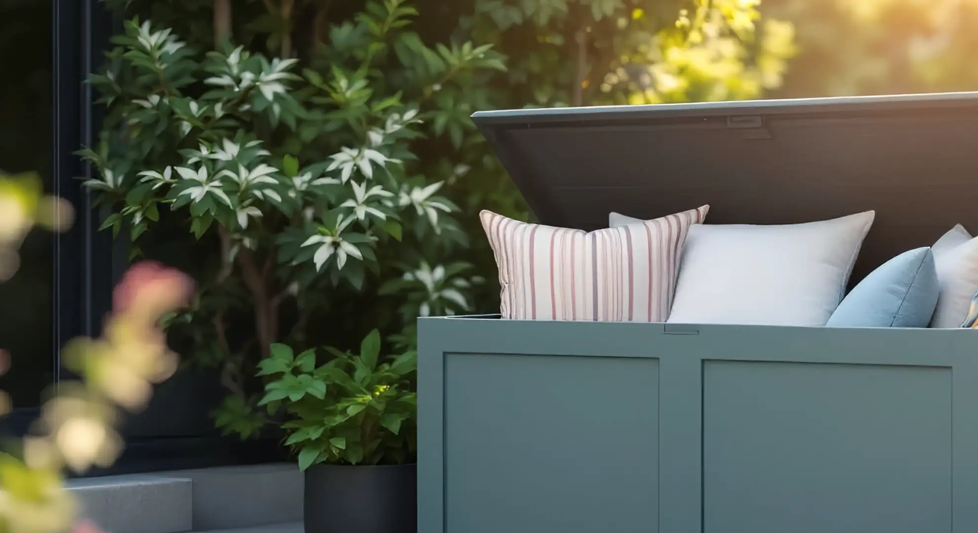 Lifelike professional photography of a stylish, modern garden scene featuring a high-quality, weather-resistant garden storage box blending seamlessly into the outdoor environment. The box is subtly open, revealing neatly stored garden cushions and a few small tools. The setting is a well-maintained UK garden patio with lush greenery and subtle sunlight. Focus on natural colours and a clean, organised feel. High resolution, sharp focus, inviting atmosphere.