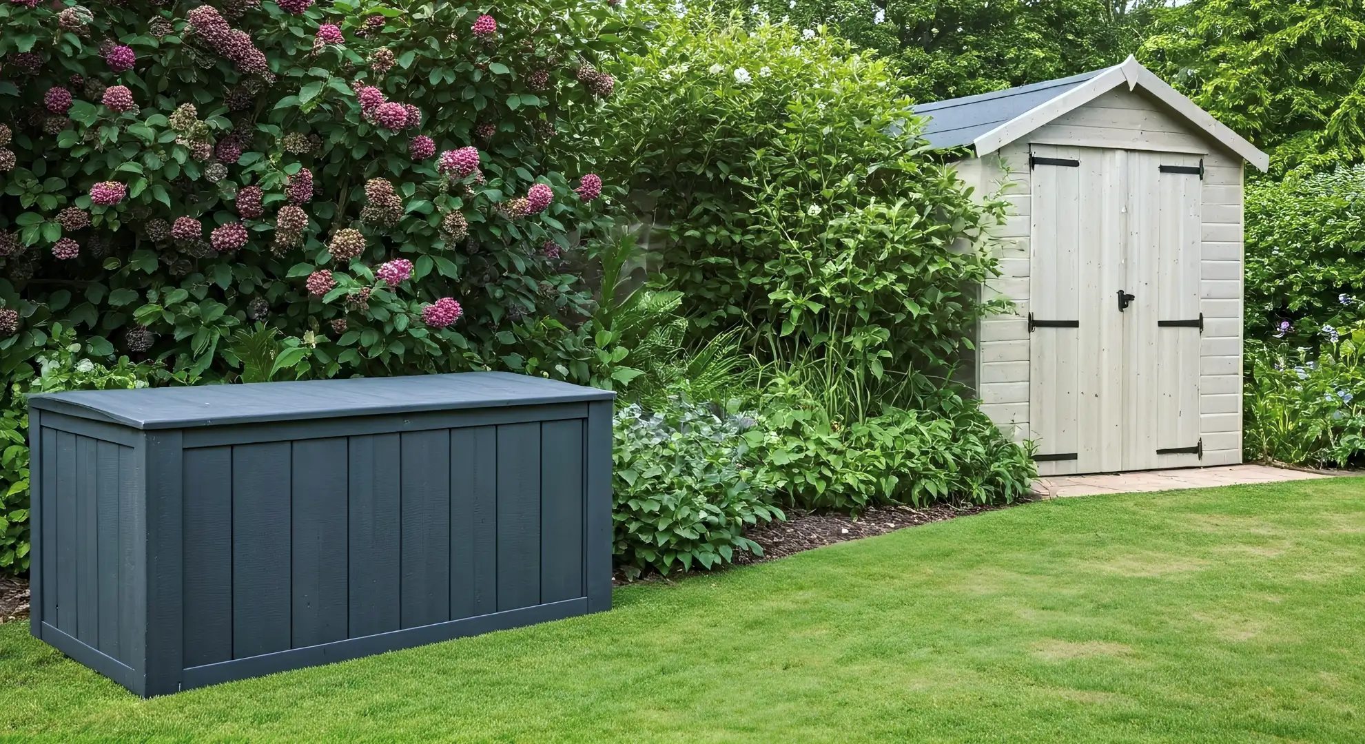 professional photography image of a garden shed and a garden storage box in a typically English garden. The sun is shining.
