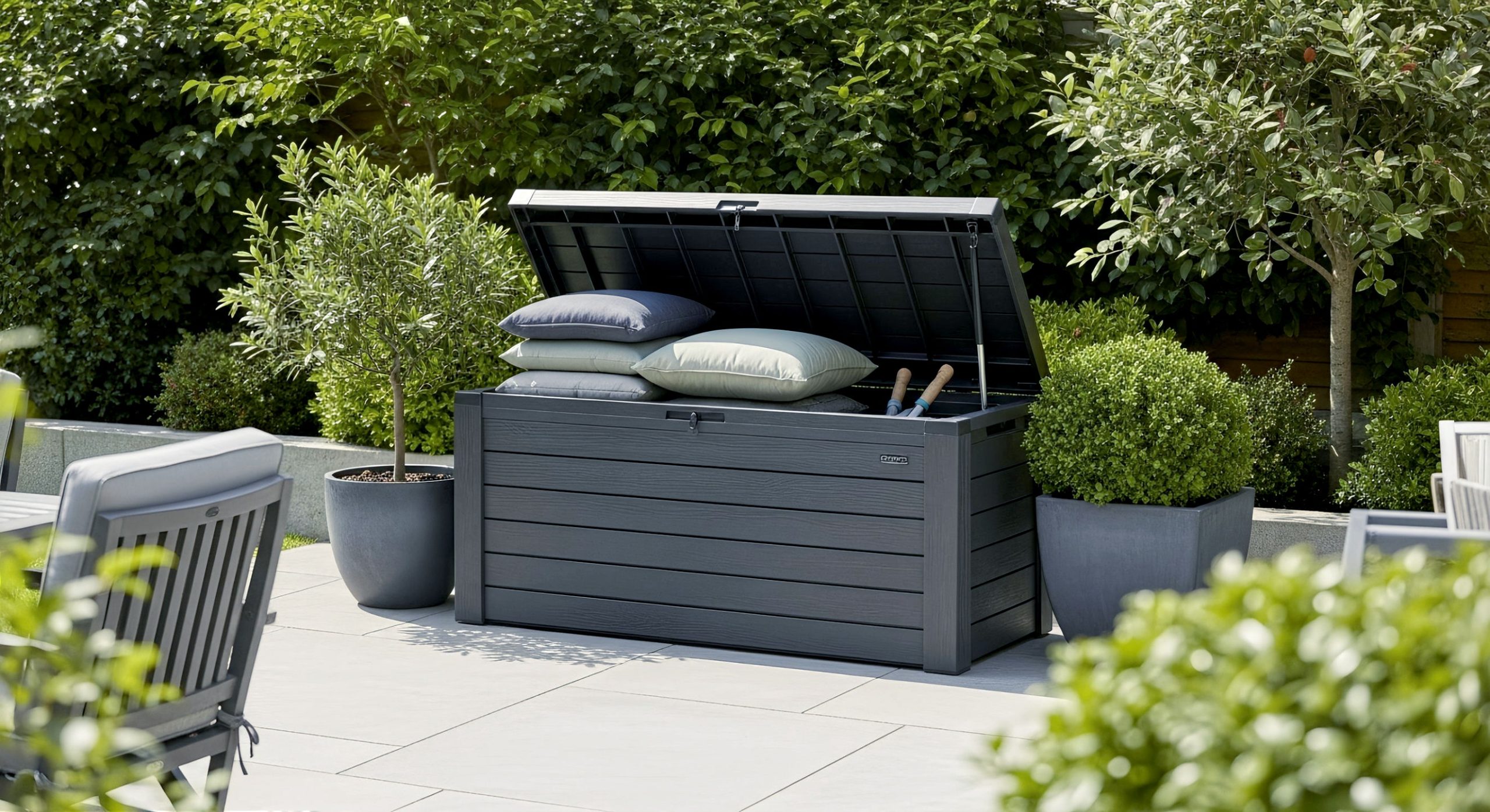 Lifelike professional photography of a stylish, modern garden scene featuring a high-quality, weather-resistant garden storage box blending seamlessly into the outdoor environment. The box is subtly open, revealing neatly stored garden cushions and a few small tools. The setting is a well-maintained UK garden patio with lush greenery and subtle sunlight. Focus on natural colours and a clean, organised feel. High resolution, sharp focus, inviting atmosphere.
