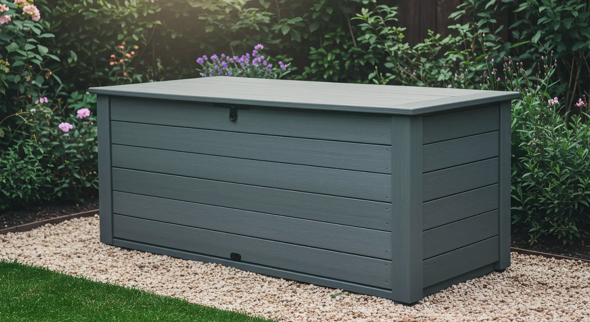 A single, high-quality, modern garden storage box (e.g., made of stylish grey composite, dark wood, or a high-quality resin) positioned in a well-maintained, contemporary garden or patio setting. The box should be subtly depicted in a way that suggests its multi-functional potential rather than explicitly showing all uses at once.