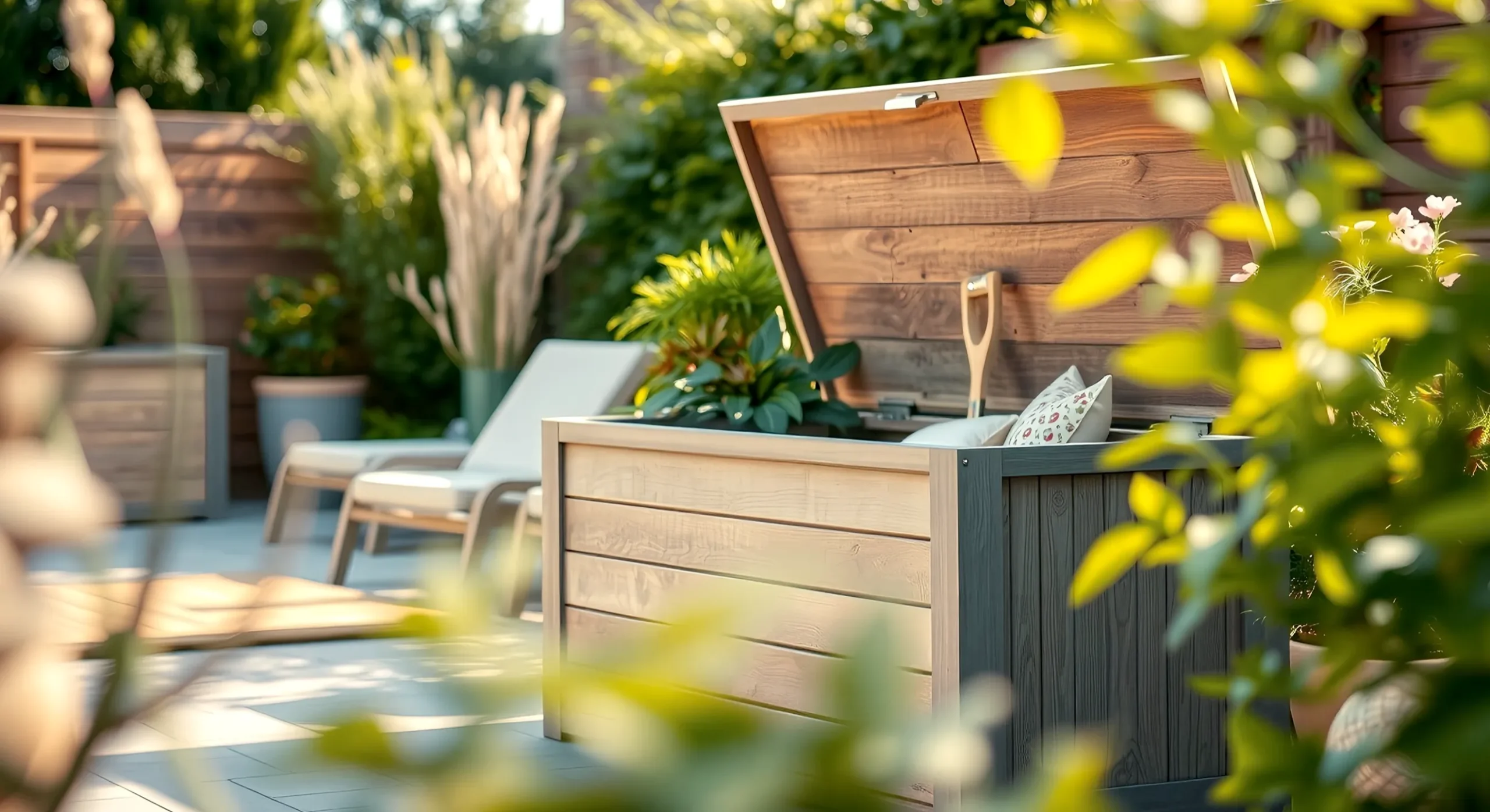 Lifelike professional photography of a stylish, modern garden scene featuring a high-quality, weather-resistant garden storage box blending seamlessly into the outdoor environment. The box is subtly open, revealing neatly stored garden cushions and a few small tools. The setting is a well-maintained UK garden patio with lush greenery and subtle sunlight. Focus on natural colours and a clean, organised feel. High resolution, sharp focus, inviting atmosphere.