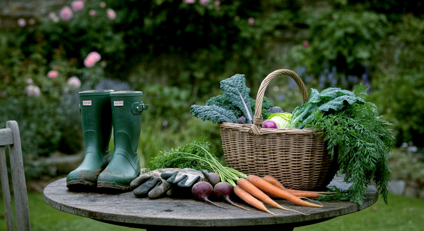 A hyper-realistic photograph in the style of a feature in Country Life magazine. The image shows a beautifully weathered wooden garden table, slightly off-centre. On the table rests a muddy pair of high-quality green wellington boots, a traditional Sussex Trug basket overflowing with freshly harvested, colourful organic vegetables (carrots with green tops, deep red beetroot, and leafy kale), and a pair of worn gardening gloves. In the background, an idyllic and quintessentially British country garden is softly out of focus, with climbing roses on a stone wall and lush green foliage. The lighting is the soft, warm glow of a late British afternoon, creating a mood of peaceful, authentic, and satisfying contentment.